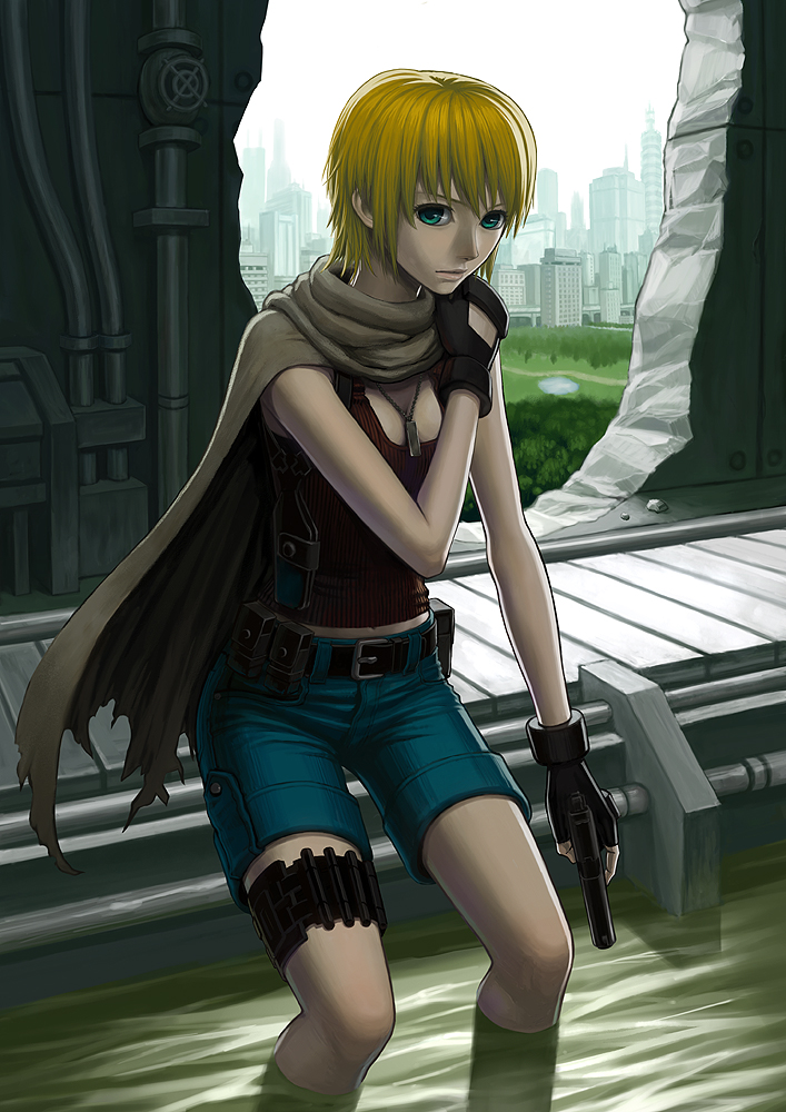 lotz, original, belt, blonde hair, cape, denim, denim shorts, fingerless gloves, gloves, green eyes, gun, handgun, holster, jewelry, midriff, necklace, pistol, short hair, shorts, skyline, solo, wading, water, weapon