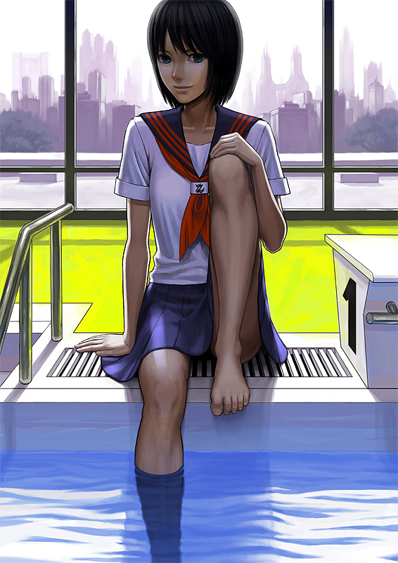 lotz, original, 1girl, arm support, barefoot, black hair, blue eyes, female focus, indoors, neckerchief, pool, pool ladder, poolside, school uniform, serafuku, short hair, sitting, skirt, skyline, soaking feet, solo, water, window