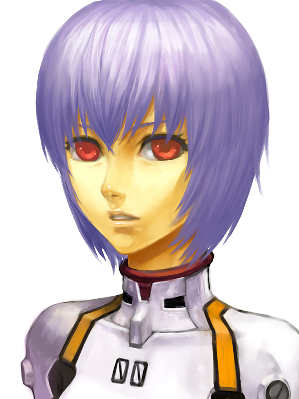 lotz, ayanami rei, neon genesis evangelion, blue hair, mecha pilot suit, plugsuit (evangelion), portrait, red eyes, short hair, simple background, solo, white background