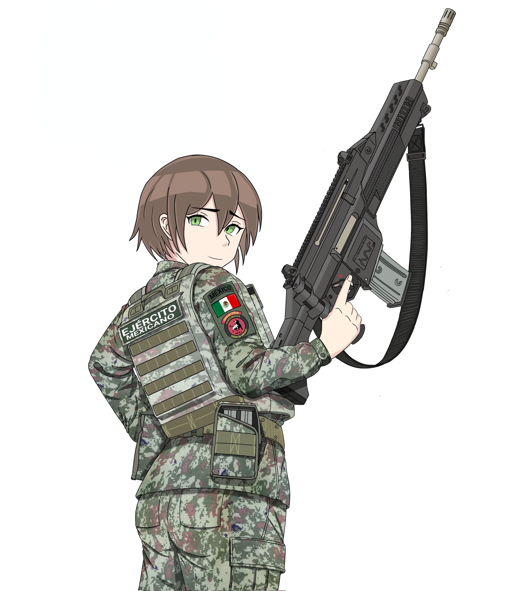 mx waifus, original, highres, 1girl, ass, assault rifle, belt, brown hair, camouflage, from behind, fx-05 xiuhcoatl, green eyes, gun, holding, holding gun, holding weapon, looking at viewer, looking back, mexican army, mexican flag, mexico, military combat uniform, military uniform, rifle, simple background, smile, solo, weapon, white background