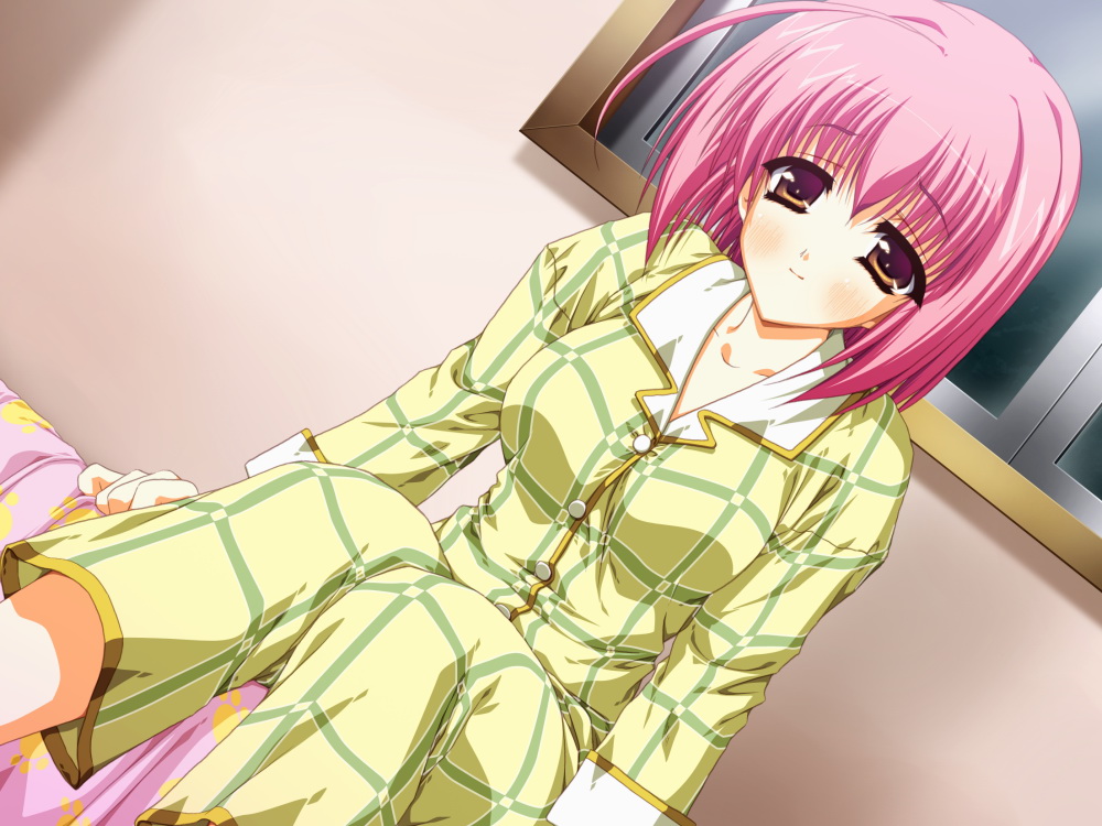 amakawa akito, amagi hinano, otome smile, game cg, non-web source, 1girl, bed, blush, brown eyes, dutch angle, female focus, pajamas, pink hair, short hair, solo