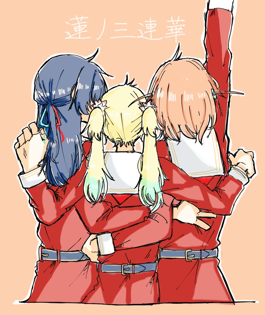 tama jirou (tamaru0225), hinoshita kaho, murano sayaka, osawa rurino, link! like! love live!, love live!, commentary request, translation request, 3girls, arm up, blonde hair, blue hair, dress, flower, from behind, gradient hair, hair flower, hair ornament, half updo, hasu no sanrenka, hasu no sora school uniform, long hair, long sleeves, medium hair, multicolored hair, multiple girls, neckerchief, orange background, orange hair, outline, pink flower, red dress, red neckerchief, sailor collar, sailor dress, school uniform, simple background, twintails, two side up, virtual youtuber, white outline, white sailor collar