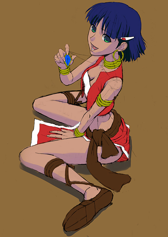 lotz, nadia la arwall, fushigi no umi no nadia, 1990s (style), 1girl, ankle lace-up, armband, armlet, bandeau, bandeau bikini, bare shoulders, blue hair, bracelet, breasts, cleavage, dark-skinned female, dark skin, earrings, female focus, from above, green eyes, hair ornament, hairclip, jewelry, loincloth, looking up, midriff, neck ring, necklace, pelvic curtain, retro artstyle, sandals, short hair, sitting, smile, solo, strapless, tube top, vest