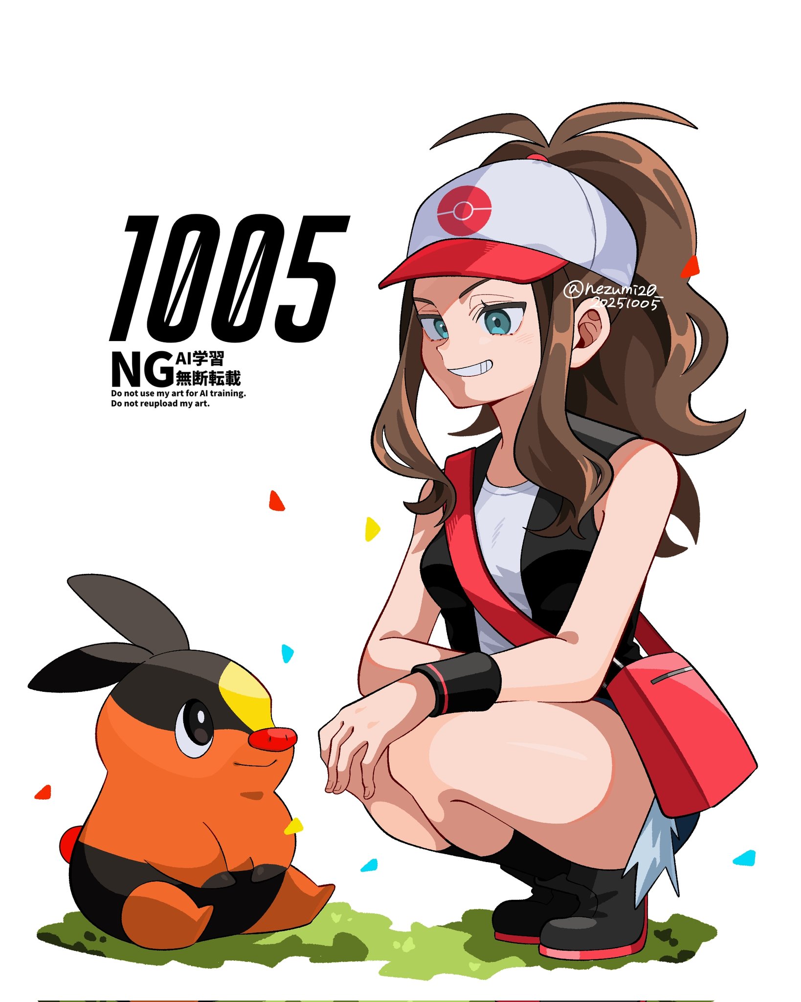 genjitsu o miro, hilda (pokemon), tepig, nintendo, pokemon, pokemon bw, highres, 1girl, artist name, baseball cap, black vest, cutoffs, denim, denim shorts, exposed pocket, gen 5 pokemon, hat, high ponytail, open clothes, open vest, pokemon (creature), ponytail, shorts, signature, twitter username, vest, wristband