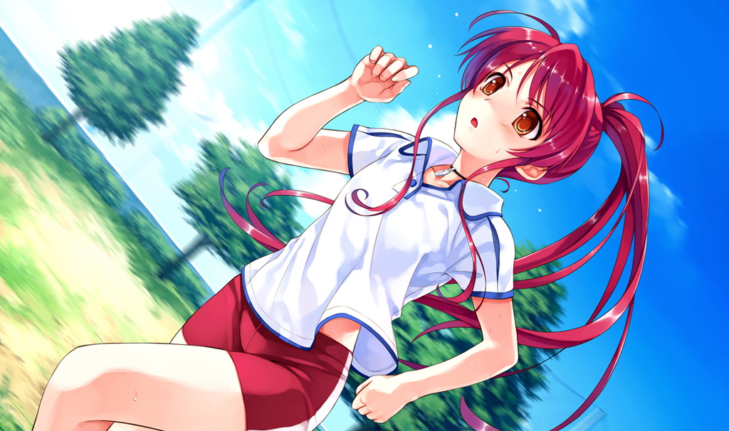 cradle (circle), misaki kurehito, miyamae tomoka, abhar, suiheisen made nan mile?, game cg, non-web source, 1girl, dutch angle, female focus, gym shorts, gym uniform, long hair, open mouth, ponytail, red hair, running, shorts, solo, yellow eyes