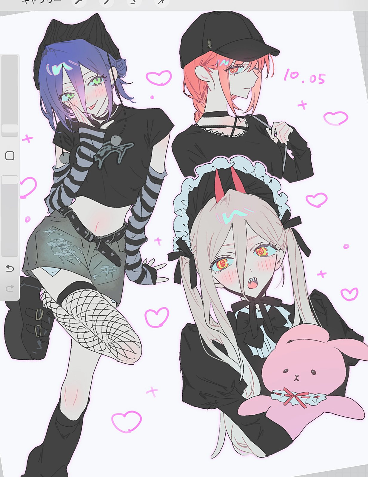 makima (chainsaw man), power (chainsaw man), reze (chainsaw man), chainsaw man, highres, 3girls, baseball cap, beanie, black choker, black dress, black hat, black ribbon, black shirt, blue hair, choker, closed mouth, crop top, cross-shaped pupils, demon girl, demon horns, dress, fishnet thighhighs, fishnets, green eyes, grey arm warmers, grey hair, grey shorts, hair between eyes, hair ribbon, hat, headdress, horns, long hair, long hair between eyes, m budat1, multiple girls, navel, red hair, red horns, ribbon, ringed eyes, sharp teeth, shirt, shorts, single thighhigh, striped arm warmers, symbol-shaped pupils, teeth, thighhighs, twintails, yellow eyes