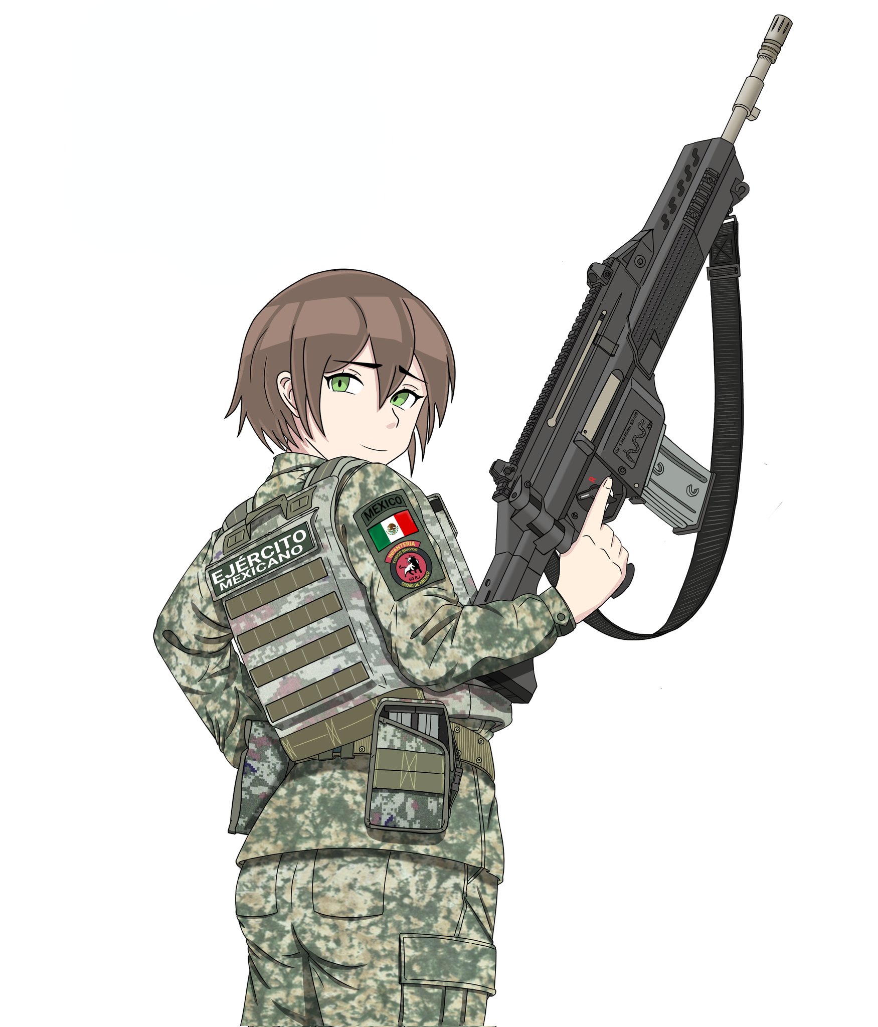 mx waifus, original, highres, 1girl, ass, assault rifle, belt, brown hair, camouflage, from behind, fx-05 xiuhcoatl, green eyes, gun, holding, holding gun, holding weapon, looking at viewer, looking back, mexican army, mexican flag, mexico, military combat uniform, military uniform, rifle, simple background, smile, solo, weapon, white background