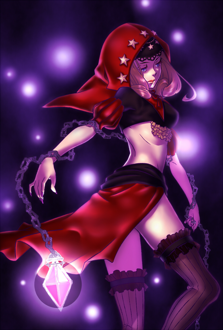 ashita mi (un nu nu), velvet (odin sphere), odin sphere, highres, 1girl, blonde hair, chain, female focus, hood, long hair, solo, thighhighs