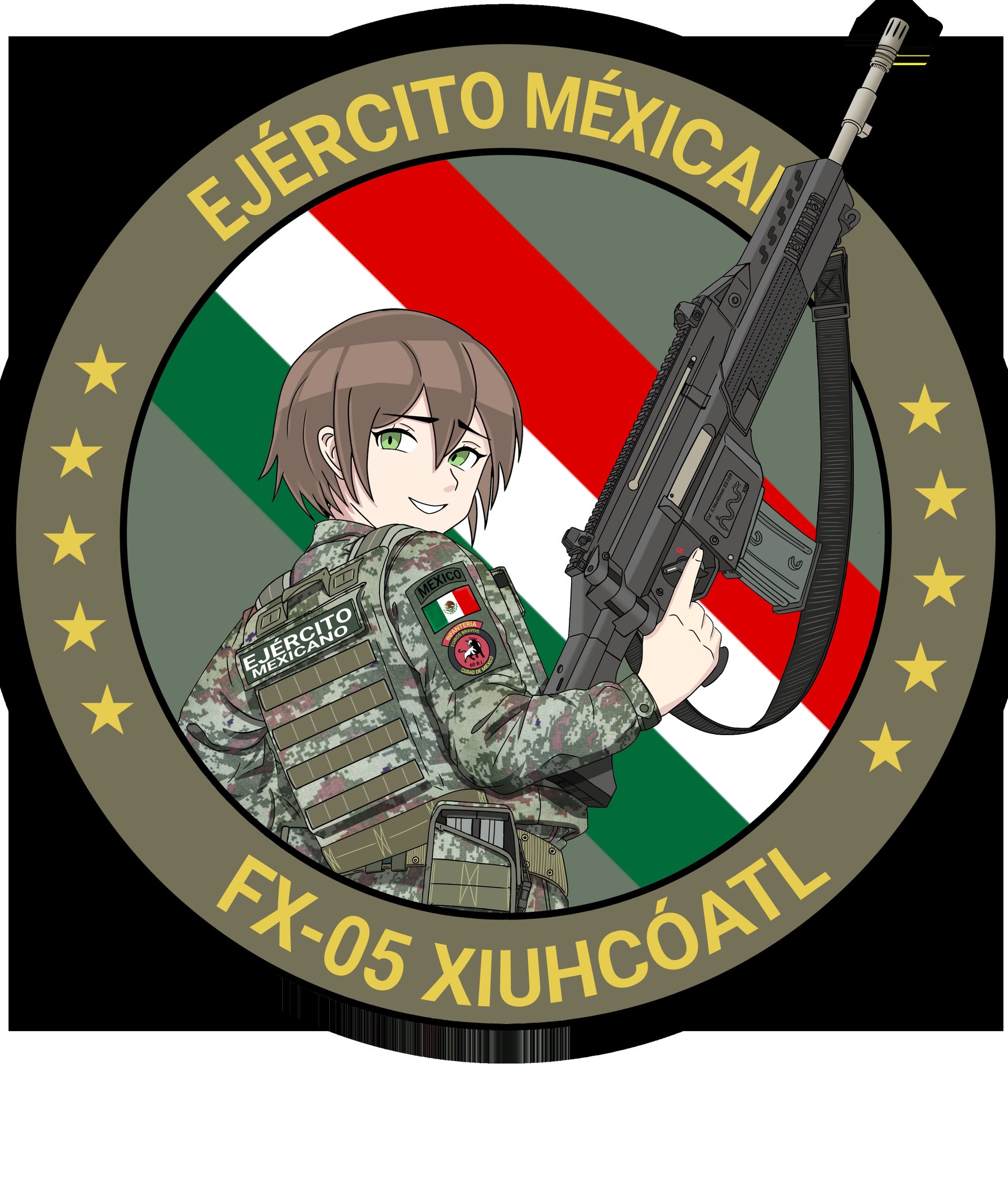mx waifus, original, highres, 1girl, assault rifle, belt, brown hair, camouflage, from behind, fx-05 xiuhcoatl, green eyes, gun, holding, holding gun, holding weapon, looking at viewer, looking back, mexican army, mexican flag, mexico, military combat uniform, military uniform, rifle, smile, solo, weapon