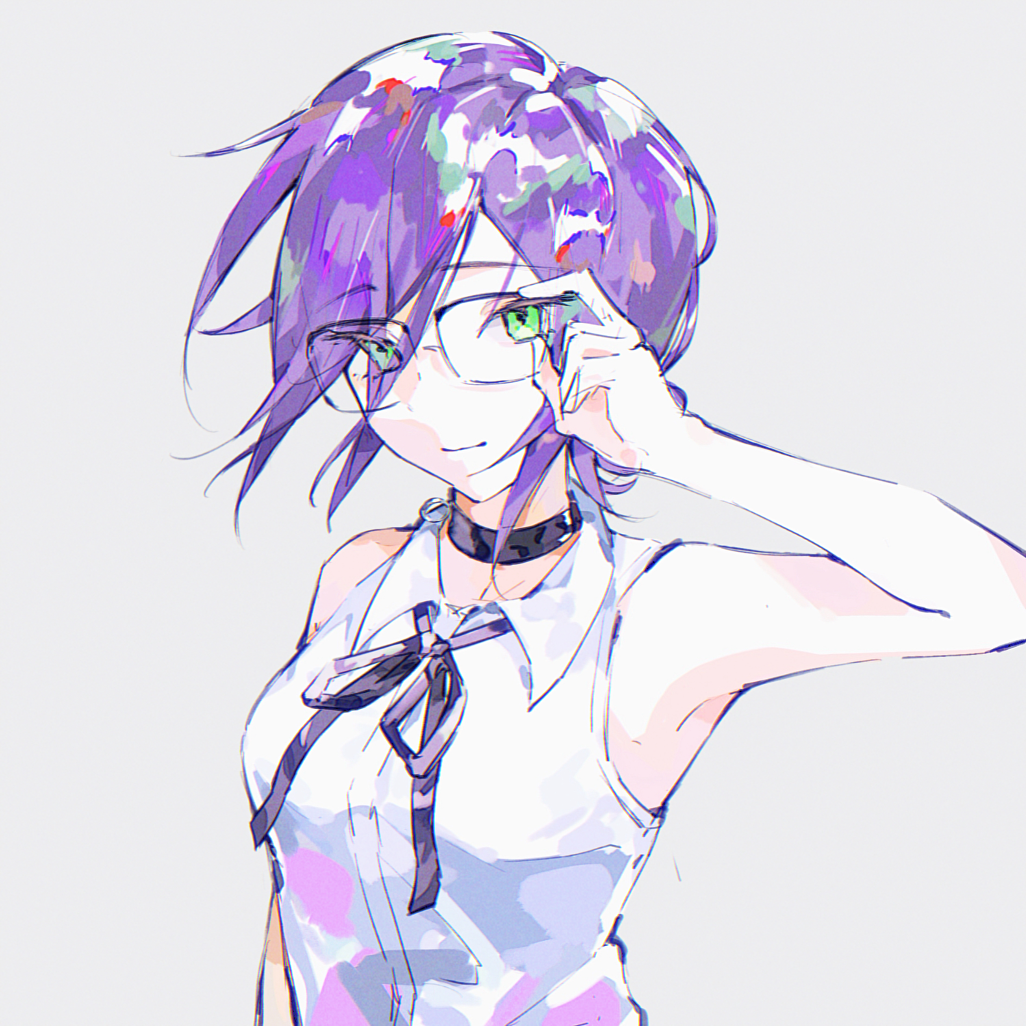 reze (chainsaw man), chainsaw man, highres, 1girl, armpits, black choker, black ribbon, choker, closed mouth, glasses, green eyes, grenade pin, grey background, neck ribbon, purple hair, ribbon, ricecake0601, shirt, sleeveless, sleeveless shirt, solo, white shirt