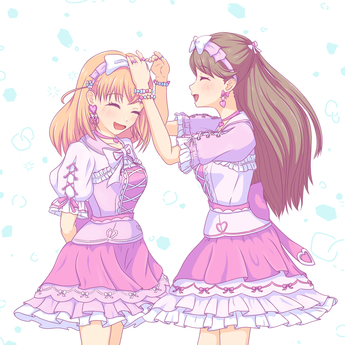 saboten (sabo10 c), fujishima megumi, hinoshita kaho, link! like! love live!, love live!, heart ring, commentary request, highres, 2girls, :d, bead bracelet, beads, bow, bow hairband, bowtie, bracelet, collarbone, cowboy shot, cross-laced clothes, cross-laced dress, cross-laced sleeves, crossed bangs, dress, earrings, frilled dress, frills, hair ornament, hairband, happy shijo shugi!, heart, heart earrings, jewelry, long hair, medium hair, multiple girls, neck ribbon, official alternate costume, open mouth, orange hair, pink bow, pink bowtie, pink dress, pink hairband, pink ribbon, profile, puffy short sleeves, puffy sleeves, rabbit hair ornament, ribbon, short dress, short sleeves, smile, two side up, virtual youtuber, white bow