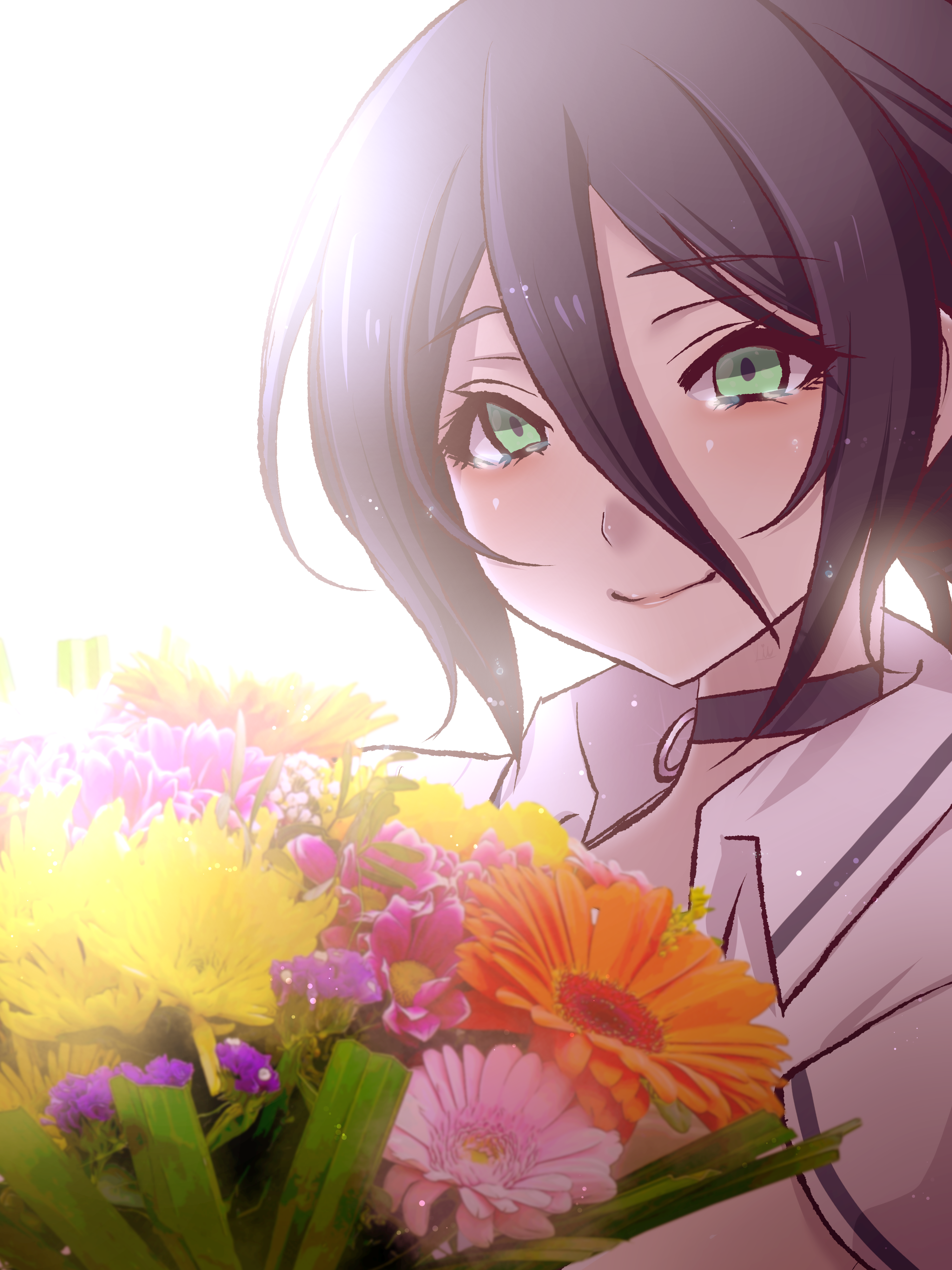 nekoashikonbu8, reze (chainsaw man), chainsaw man, absurdres, highres, 1girl, black choker, black hair, bouquet, choker, flower, green eyes, grenade pin, hair between eyes, holding, holding bouquet, light smile, orange flower, pink flower, polo shirt, shirt, solo, tearing up, white shirt, yellow flower