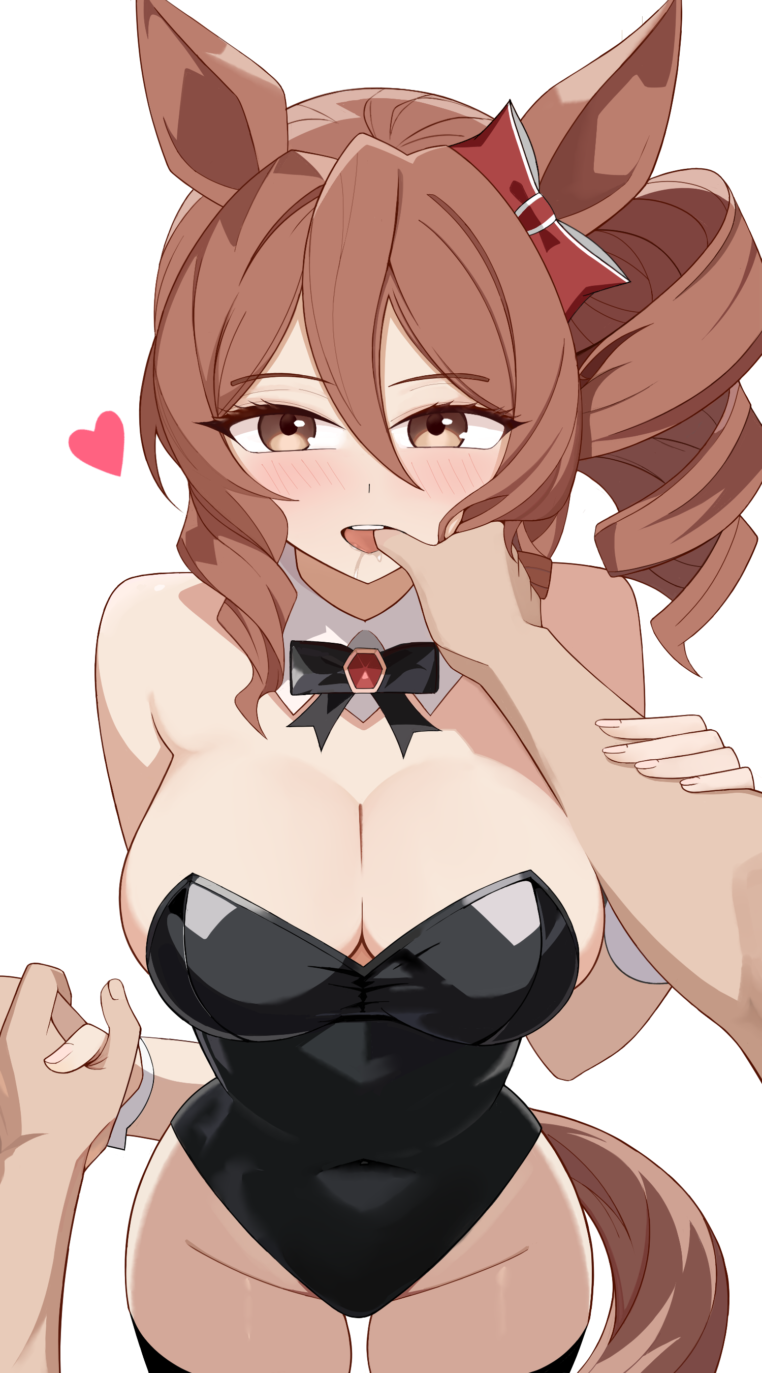 norn ace (umamusume), umamusume, absurdres, commentary request, highres, 1girl, 1other, alternate costume, animal ears, bare shoulders, black bow, black bowtie, black thighhighs, blush, bow, bowtie, breasts, brown eyes, brown hair, cleavage, cowboy shot, detached collar, ear bow, finger in another's mouth, groin, guiding hand, hair between eyes, heart, highleg, highleg leotard, holding another's hair, holding hands, horse ears, horse girl, horse tail, large breasts, leotard, limit zero, long hair, nontraditional playboy bunny, pov, pov hands, red bow, saliva, simple background, smile, solo focus, strapless, strapless leotard, tail, teeth, thighhighs, upper teeth only, white background, wrist cuffs
