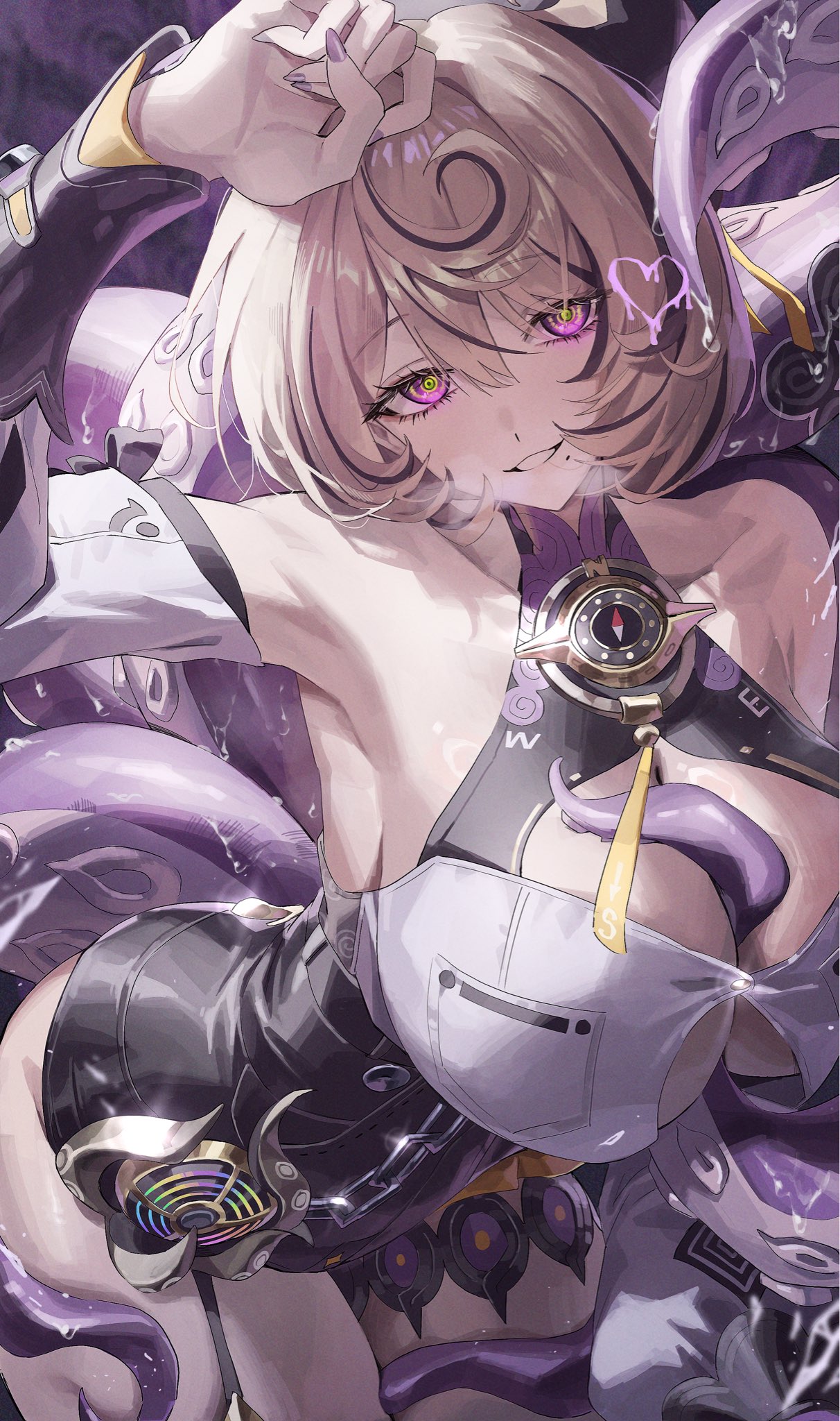 netural, yidhari (zenless zone zero), zenless zone zero, highres, 1girl, armpits, breasts, brown hair, detached sleeves, hand up, high-waist shorts, large breasts, long hair, long sleeves, looking at viewer, mole, mole under mouth, parted lips, pink eyes, shorts, smile, solo, tentacles