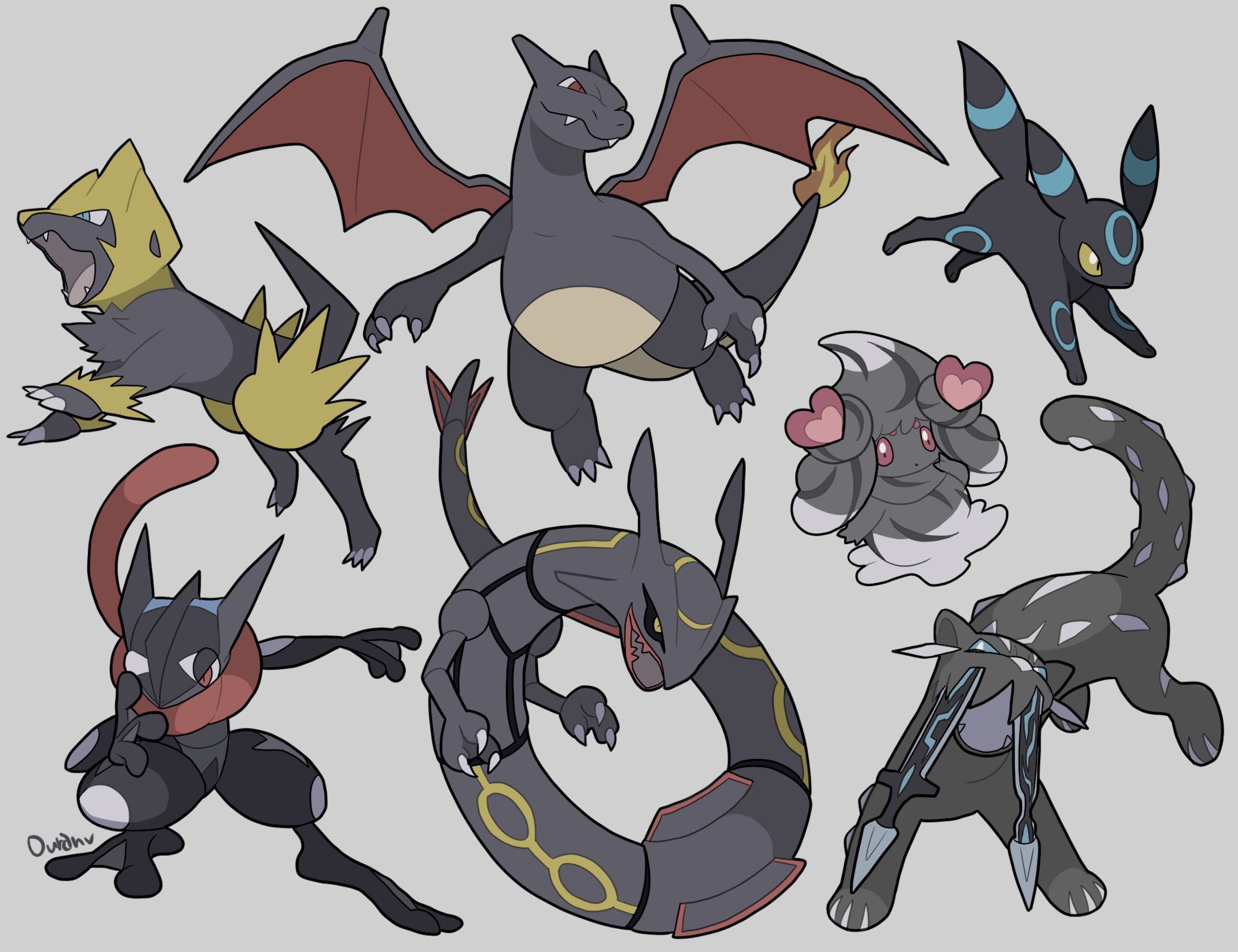 ouran, alcremie, alcremie (strawberry sweet), charizard, chien-pao, greninja, manectric, rayquaza, umbreon, nintendo, pokemon, highres, alternate color, animal focus, black fur, black sclera, blue eyes, blue sclera, claws, closed mouth, colored sclera, dragon, eastern dragon, fangs, fire, flame-tipped tail, food, fruit, full body, gen 1 pokemon, gen 2 pokemon, gen 3 pokemon, gen 6 pokemon, gen 8 pokemon, legendary pokemon, long tongue, no humans, open mouth, pink eyes, pokemon (creature), pokemon focus, red eyes, shiny pokemon, simple background, snow leopard, strawberry, tail, tongue, tongue scarf, tusks, very long tongue, wings, yellow eyes, yellow sclera