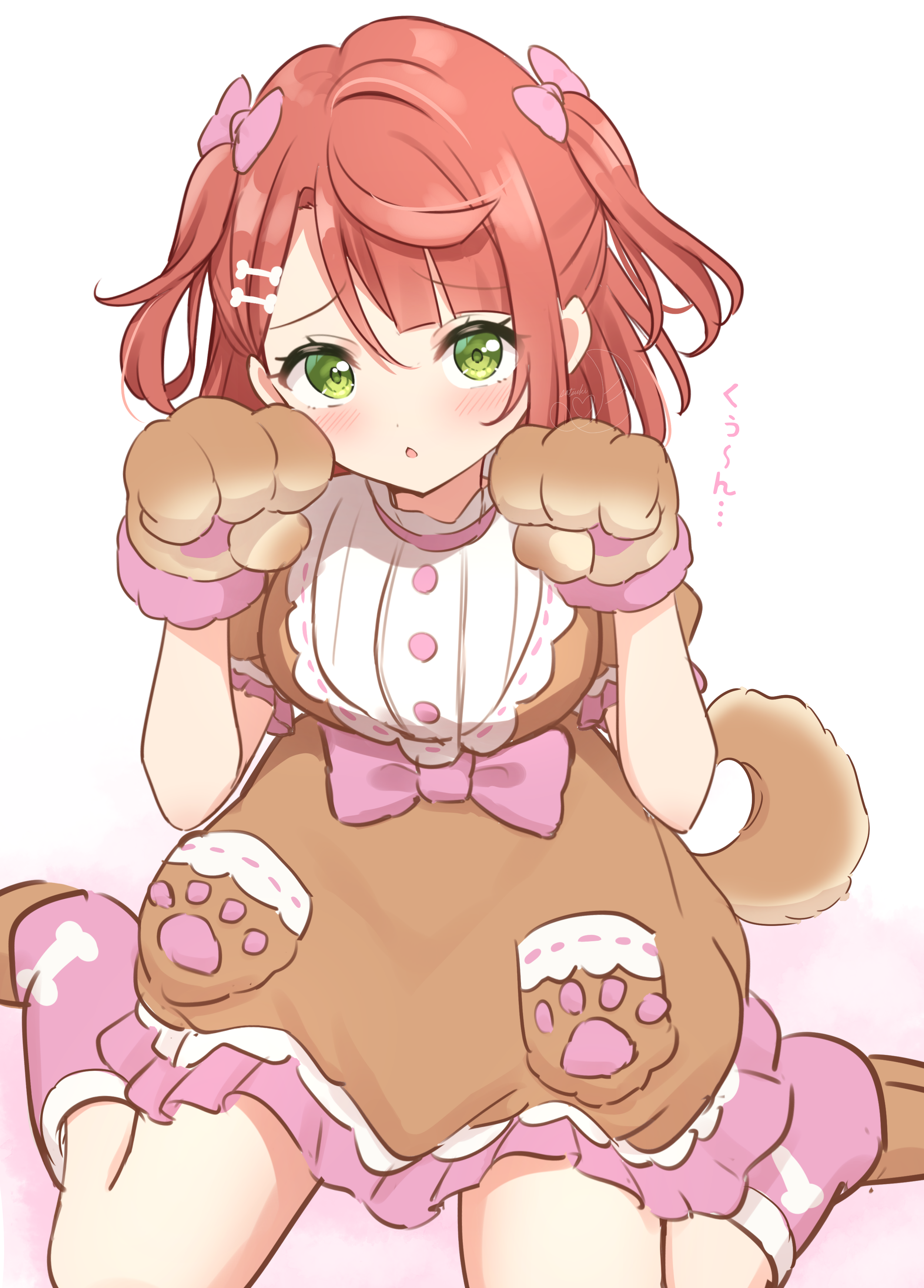 hanazora satsuki, uehara ayumu, love live!, love live! nijigasaki high school idol club, absurdres, commentary, highres, 1girl, animal hands, blush, bone hair ornament, bow, brown dress, brown gloves, brown shoes, chestnut mouth, chinese zodiac, dog tail, dress, embarrassed, fake tail, frilled dress, frills, gloves, green eyes, hair bow, hair ornament, knees out of frame, leg warmers, looking at viewer, maid, medium hair, official alternate costume, parted lips, paw gloves, paw pose, pink background, pink bow, pink hair, pink leg warmers, puffy short sleeves, puffy sleeves, raised inner eyebrows, shoes, short dress, short sleeves, simple background, single hair intake, sitting, solo, tail, two side up, wariza, white background, year of the dog
