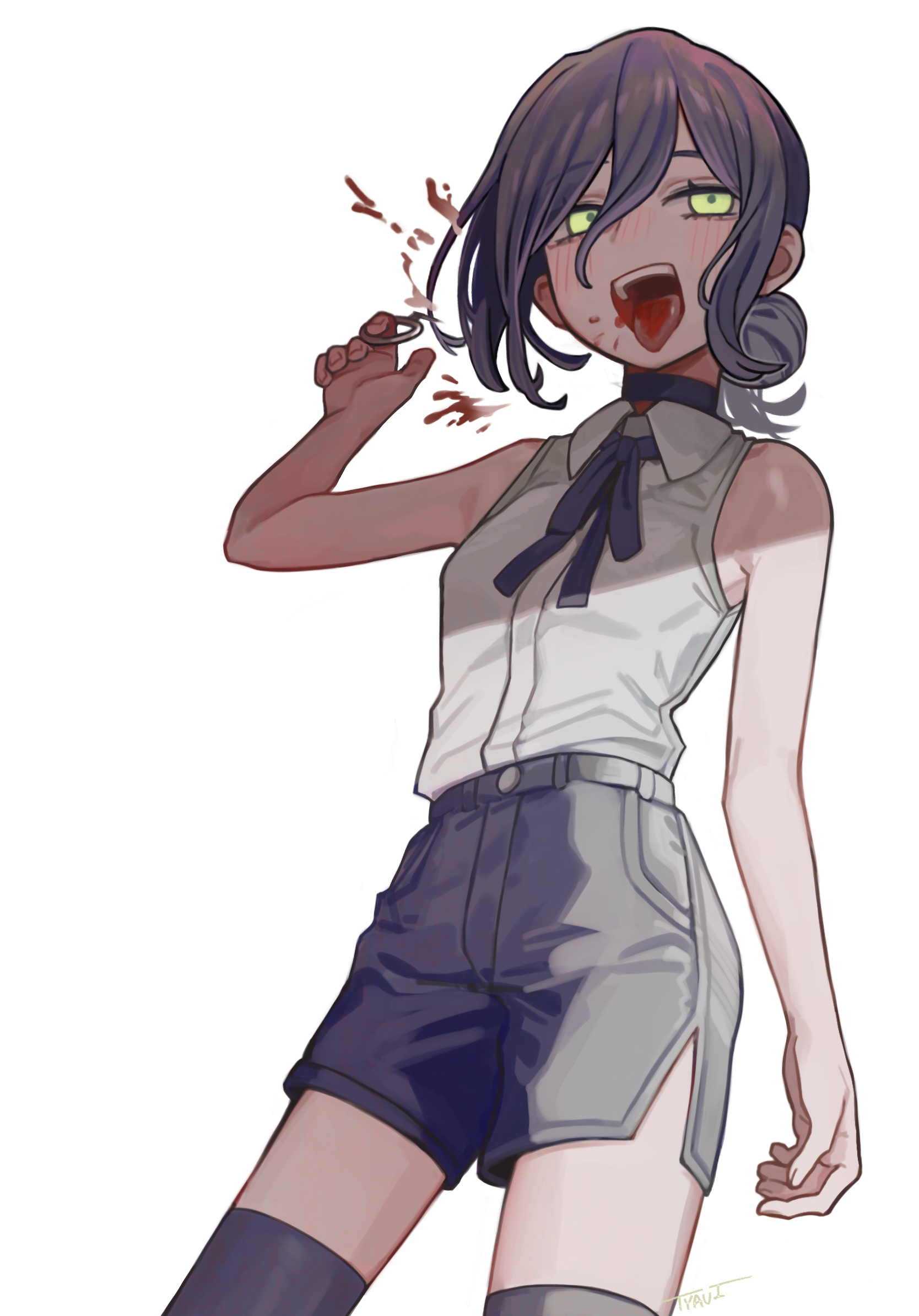tyaui (xjju4435), reze (chainsaw man), chainsaw man, highres, 1girl, black choker, black shorts, black thighhighs, blood, blood spray, choker, collared shirt, green eyes, grenade pin, hair between eyes, looking at viewer, neck ribbon, open mouth, ribbon, shirt, shirt tucked in, shorts, simple background, sleeveless, sleeveless shirt, solo, teeth, thighhighs, tongue, tongue out, white background, white shirt