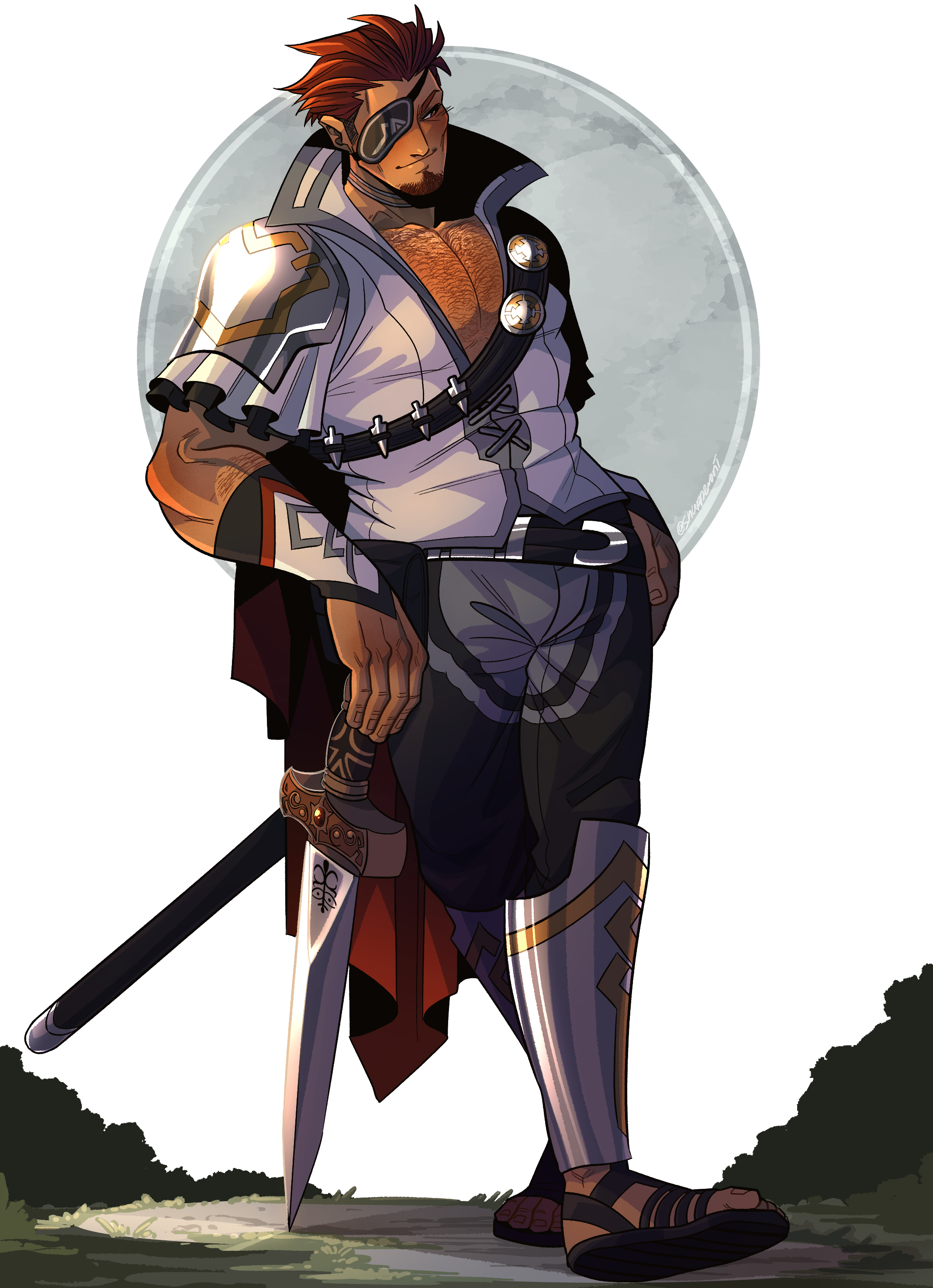 snapperoni, saber (fire emblem), saber (resplendent) (fire emblem), fire emblem, fire emblem echoes: shadows of valentia, fire emblem heroes, nintendo, absurdres, commission, highres, 1boy, eyepatch, facial hair, goatee, male focus, muscular, muscular male, official alternate costume, pectoral cleavage, pectorals, sandals, short hair, solo