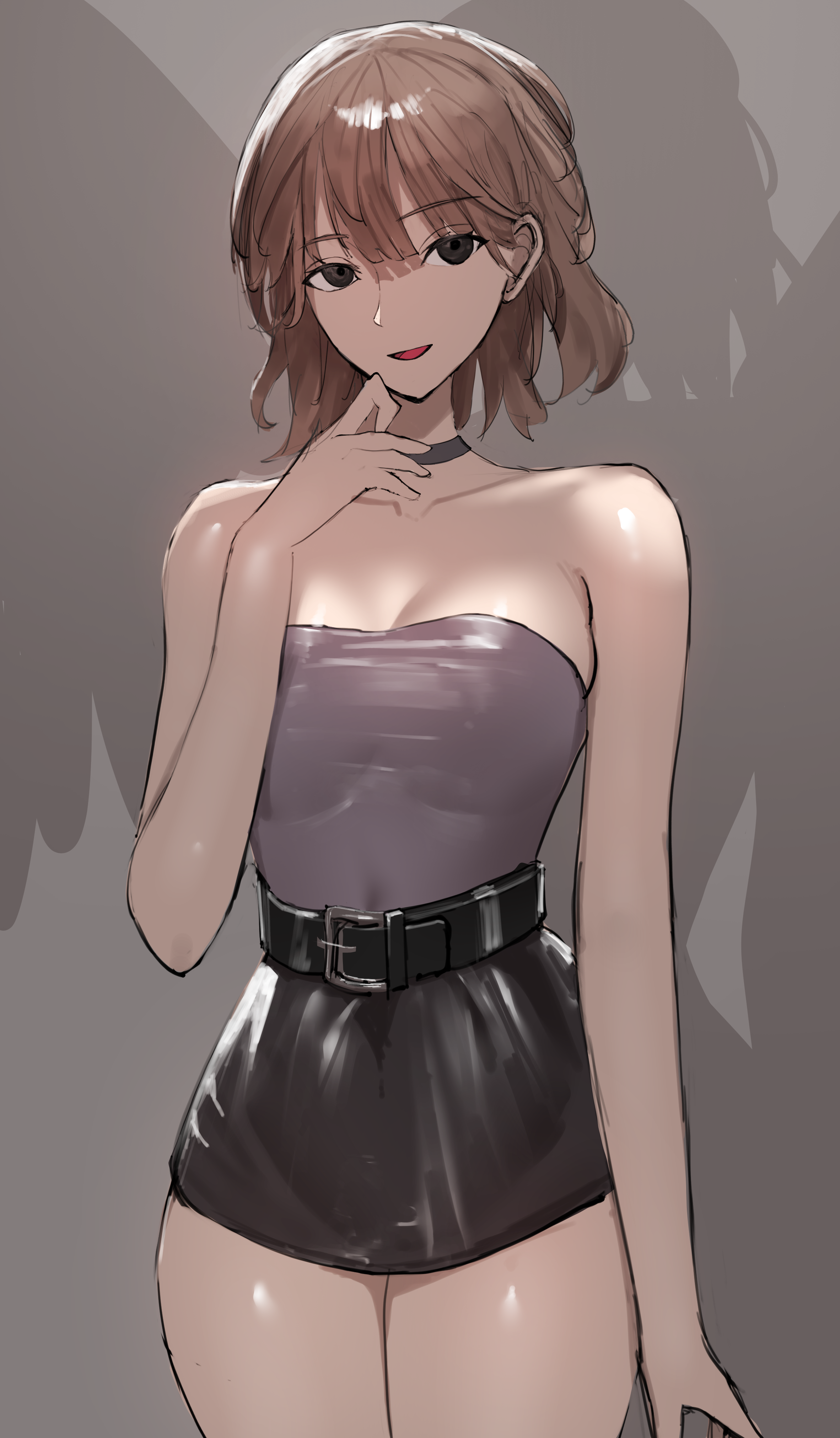 tatsunohiroigo3, original, absurdres, highres, 1girl, belt, breasts, brown eyes, brown hair, choker, cleavage, collar, covered navel, large breasts, medium hair, miniskirt, skindentation, skirt, smile, solo, thighs