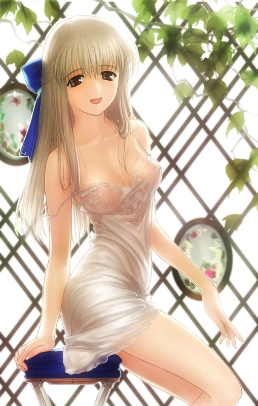 koyama hirokazu, kurata sayuri, kanon, bow, breasts, covered erect nipples, lingerie, long hair, red eyes, ribbon, see-through clothes, underwear