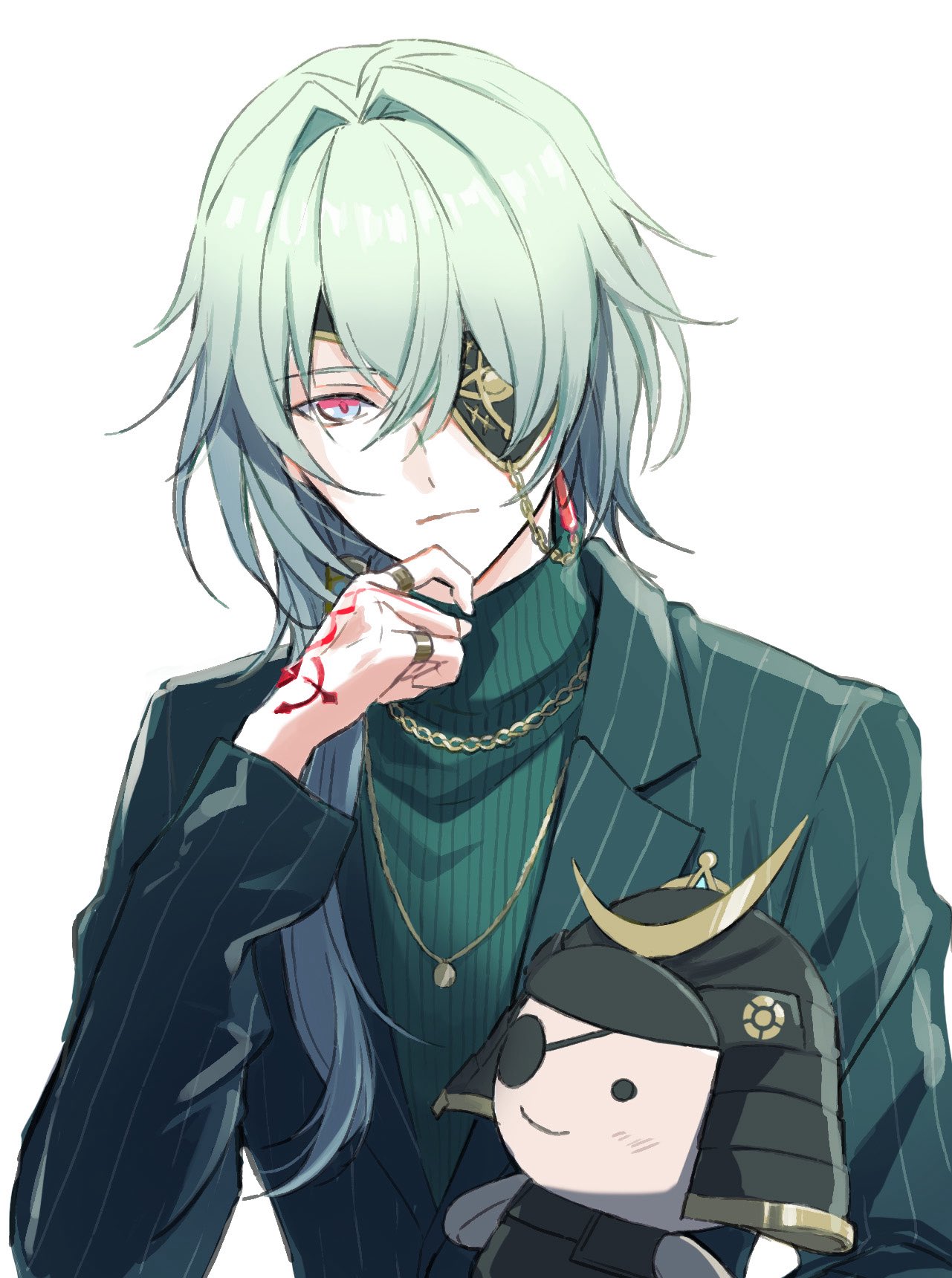 anaxa (honkai: star rail), anaxa (world tour 2025) (honkai: star rail), honkai: star rail, honkai (series), highres, 1boy, alternate costume, aqua hair, blue eyes, blue jacket, chain, closed mouth, eyepatch, gem, hair between eyes, hair intakes, hand up, jacket, looking at viewer, male focus, medium hair, multicolored eyes, one eye covered, pink eyes, pink pupils, red gemstone, ronigs, side ponytail, simple background, smile, solo, two-tone eyes, white background