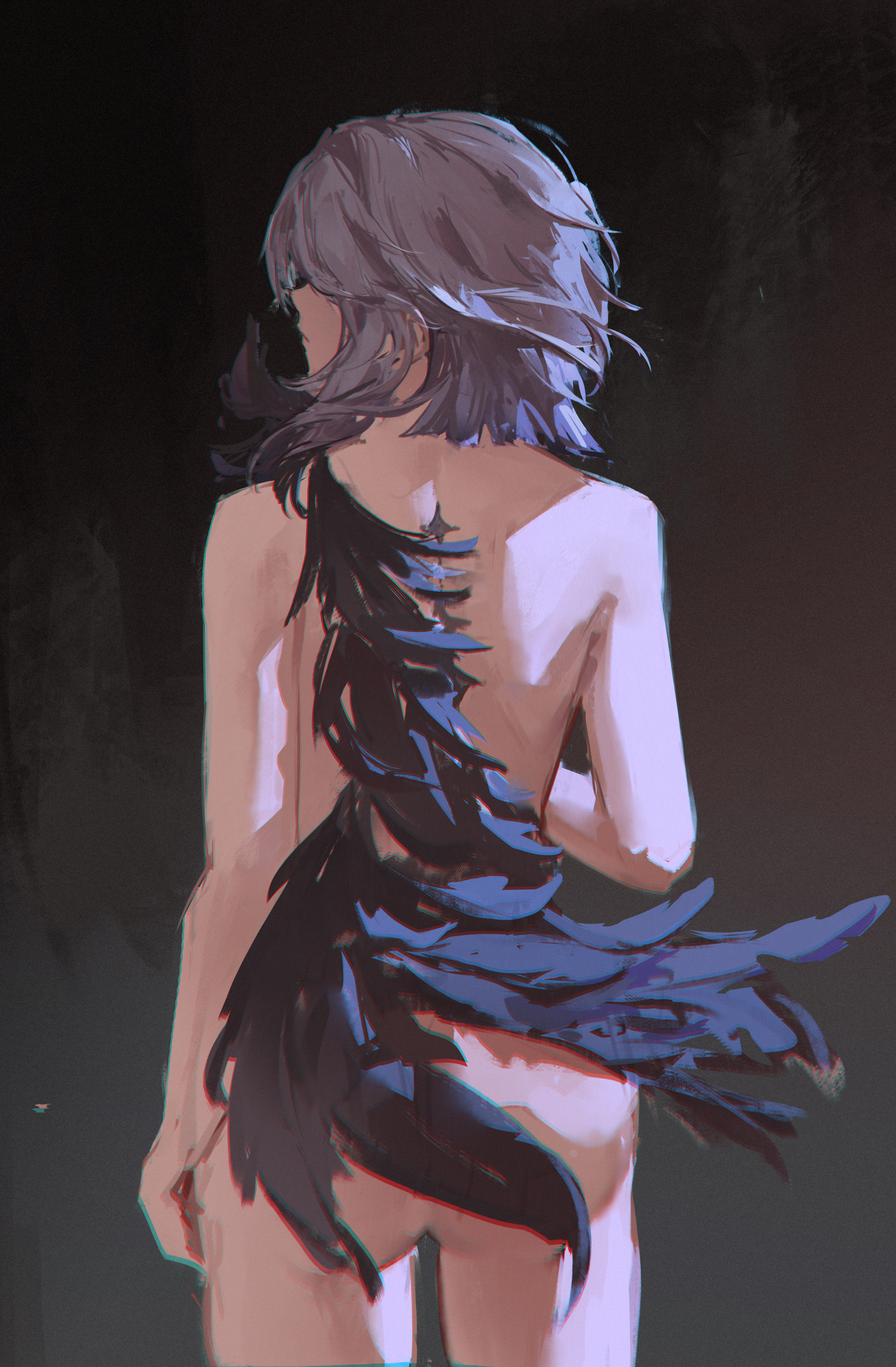 yion (yys84754634), galbrena (wuthering waves), wuthering waves, absurdres, commentary request, highres, 1girl, ass, black wings, chromatic aberration, closed mouth, completely nude, cowboy shot, feathered wings, from behind, grey hair, medium hair, nude, single wing, solo, tacet mark (wuthering waves), wings