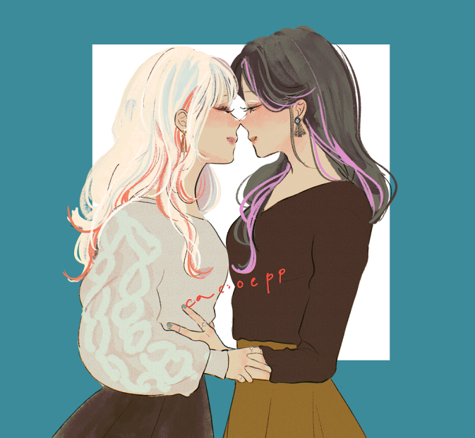 cacioepp, original, commentary request, 2girls, black hair, black shirt, blue background, blue nails, brown skirt, cable knit, closed eyes, earrings, hand on another's waist, holding another's wrist, jewelry, long hair, multiple girls, noses touching, parted lips, pink streaks, red streaks, ring, shirt, skirt, sweater, two-tone background, white background, white hair, white sweater, yuri