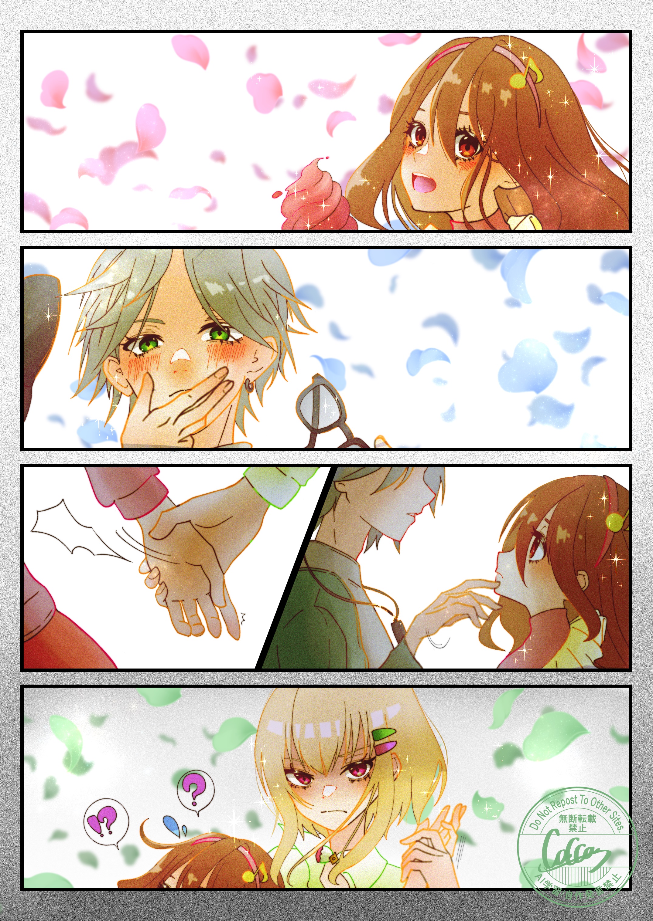 hibiki kaito, sakura uta (precure), kimi to idol precure, precure, absurdres, highres, !?, 1boy, 2girls, ?, annoyed, blonde hair, blush, brown eyes, brown hair, earrings, fortissimo, green eyes, green hair, green shirt, hair ornament, hairband, hairclip, holding another's wrist, jealous, jewelry, long hair, looking at another, mature male, multiple girls, musical note, musical note hair ornament, necklace, parallel hairclips, parted bangs, petals, purirun (civilian) (precure), red eyes, shirt, short hair, watermark, yukmar 1203iu, yuri