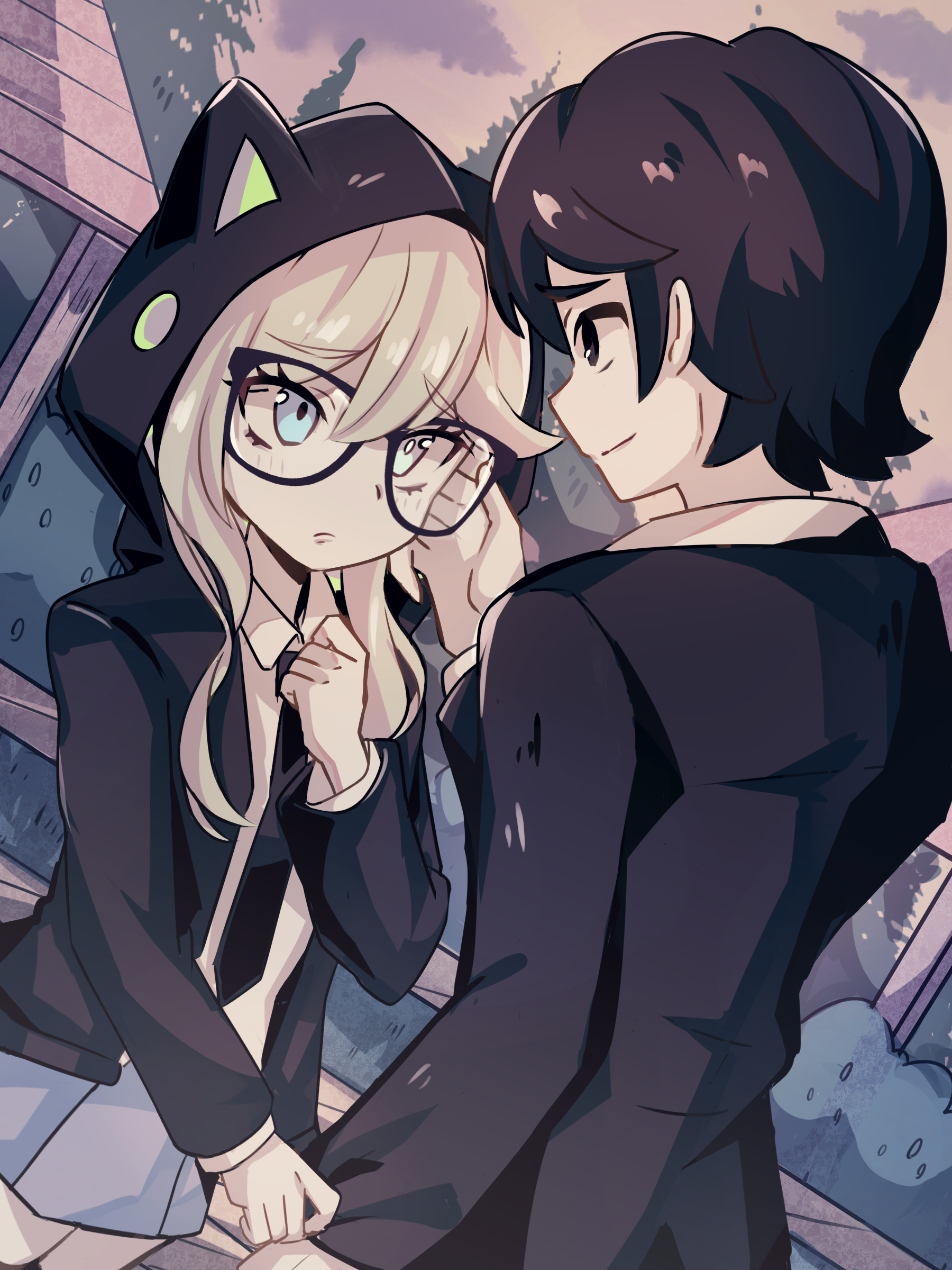 merryweather, parororo, original, absurdres, commentary, english commentary, highres, 1boy, 1girl, animal hood, black-framed eyewear, black eyes, black hair, black hoodie, black necktie, blonde hair, blue eyes, blue skirt, cat hood, closed mouth, clothes grab, collared shirt, glasses, hand on another's head, hand on own chest, hetero, hood, hoodie, long sleeves, looking at another, necktie, open clothes, open hoodie, school uniform, shirt, skirt, sleeve grab