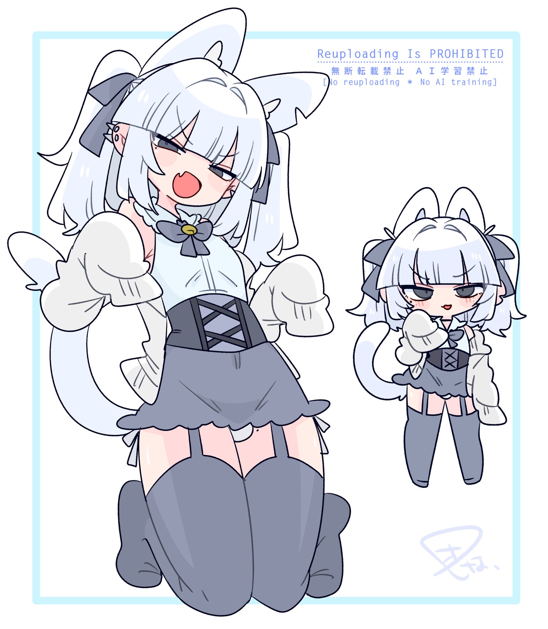 op na yarou, original, commentary, highres, 1boy, :3, :d, animal ear fluff, animal ears, bell, black corset, black skirt, black thighhighs, blunt bangs, bow, bowtie, bulge, cardigan, cat boy, cat ears, cat tail, chibi, corset, crossdressing, crossdressing (mtf), ear piercing, extra ears, fang, full body, garter straps, grey bow, grey bowtie, grey eyes, hair bow, hair intakes, hand up, hands up, kneeling, light blush, long sleeves, looking at viewer, male focus, medium hair, miniskirt, multiple views, neck bell, no nose, no shoes, open mouth, piercing, shirt, sidelocks, simple background, skin fang, skirt, sleeveless, sleeveless shirt, sleeves past fingers, sleeves past wrists, smile, standing, tail, thighhighs, thighs, trap, two side up, v-shaped eyebrows, watermark, white background, white cardigan, white hair, white shirt