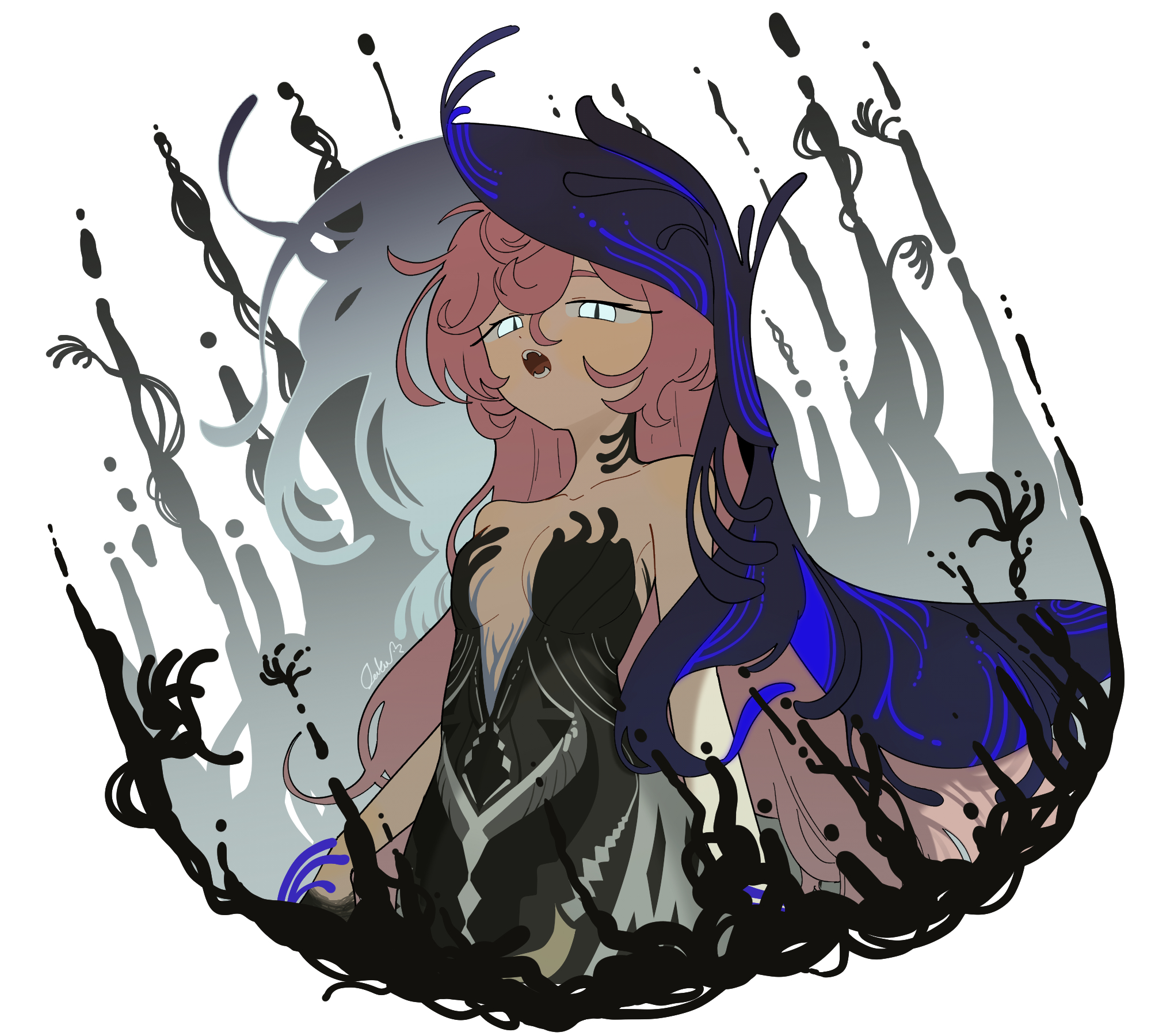 daku k, nautika (reverse:1999), reverse:1999, commentary, highres, symbol-only commentary, 1girl, aqua eyes, bare shoulders, black dress, black hands, black liquid, black veil, blue veil, breasts, chimera, cleavage, collarbone, colored extremities, dress, fangs, gradient skin, hair between eyes, long hair, looking at viewer, medium breasts, monster girl, open mouth, pink hair, plunging neckline, sidelocks, slit pupils, solo, strapless, strapless dress, teeth, two-tone veil, upper body, veil, very long hair