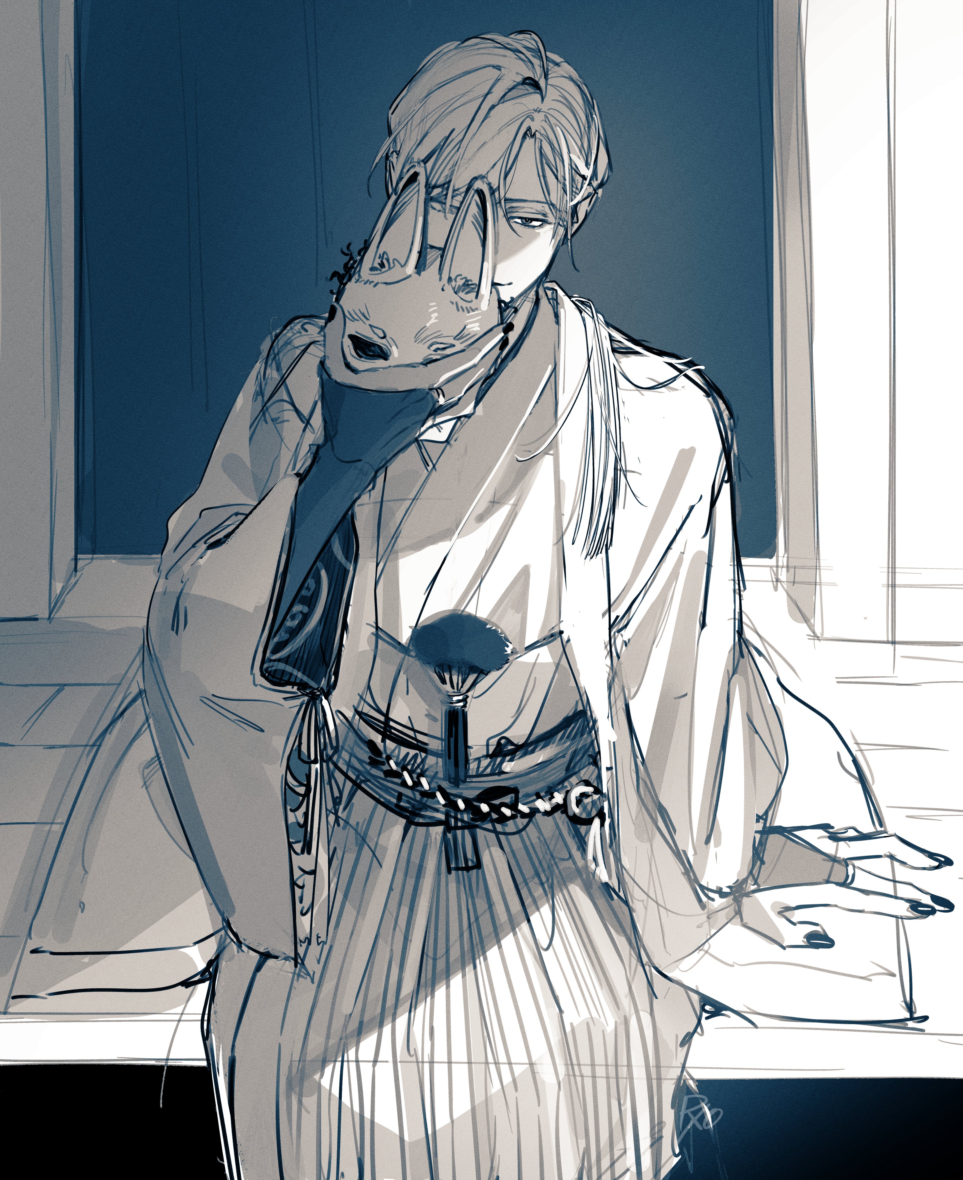 kisaragi ryou (p m), fox mask (silent hill), silent hill (series), silent hill f, absurdres, highres, 1boy, black sclera, colored sclera, japanese clothes, kimono, lineart, male focus, mask, removing mask, robe, sketch, solo, white robe
