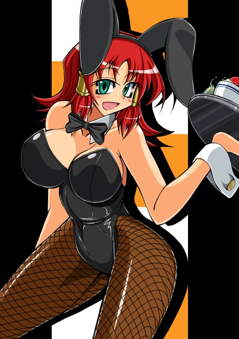 ruquia, quiz magic academy, animal ears, fake animal ears, fishnet pantyhose, fishnets, gacha (game mechanic), green eyes, pantyhose, playboy bunny, rabbit ears, red hair, short hair, solo