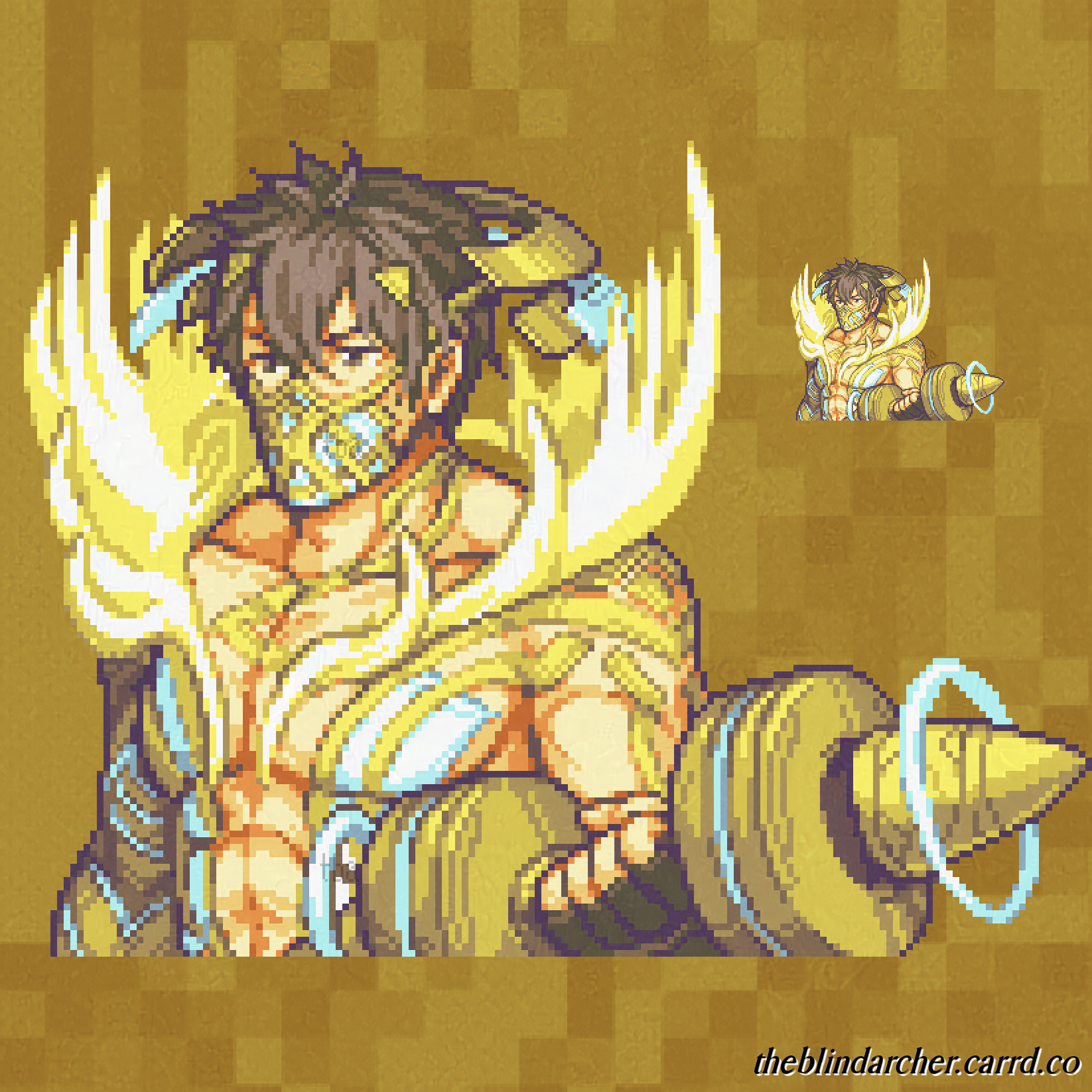 theblindarcher, eikthyrnir (fire emblem), eikthyrnir (resolved to train) (fire emblem), fire emblem, fire emblem heroes, nintendo, highres, 1boy, biceps, deer boy, dumbbell, glowing antlers, headdress, holding, holding dumbbell, mask, mouth mask, muscular, muscular male, official style, pixel art