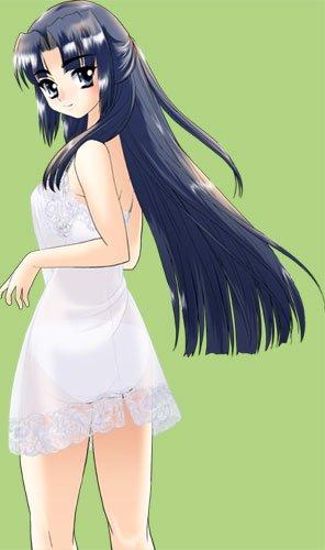 asakura ryoko, suzumiya haruhi no yuuutsu, jpeg artifacts, lowres, 00s, 1girl, blue eyes, blue hair, female focus, lingerie, long hair, looking back, negligee, solo, underwear