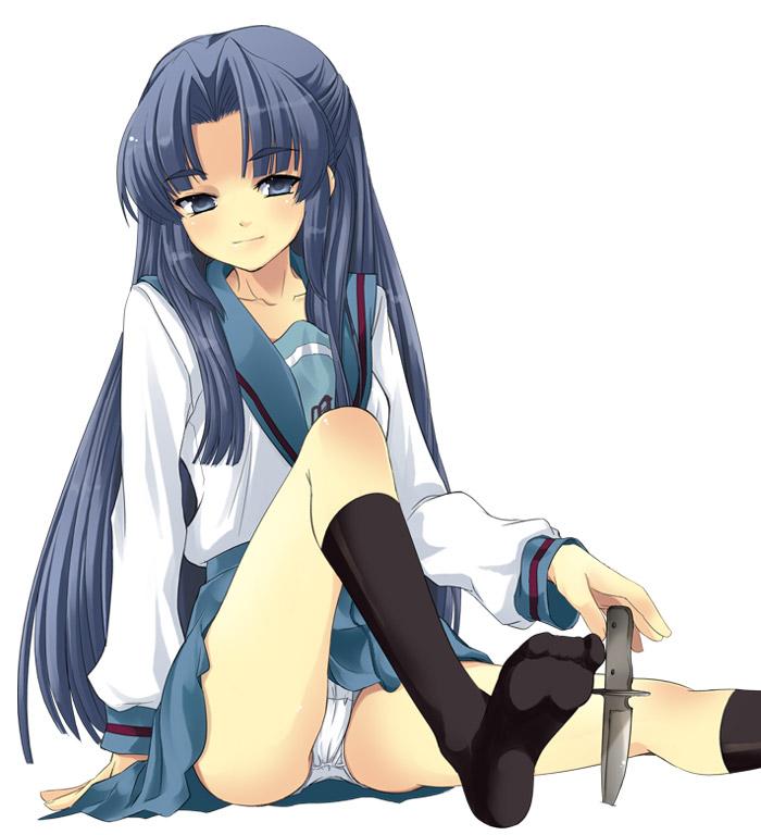 asakura ryoko, suzumiya haruhi no yuuutsu, 00s, blue eyes, blue hair, knife, long hair, panties, pantyshot, school uniform, serafuku, solo, underwear, white panties