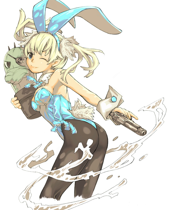 haku (artist), haku (sabosoda), original, bad id, bad pixiv id, 1girl, animal ears, ass, blonde hair, blue eyes, cactus, fake animal ears, female focus, gun, long hair, one eye closed, pantyhose, playboy bunny, rabbit ears, solo, twintails, weapon, wink