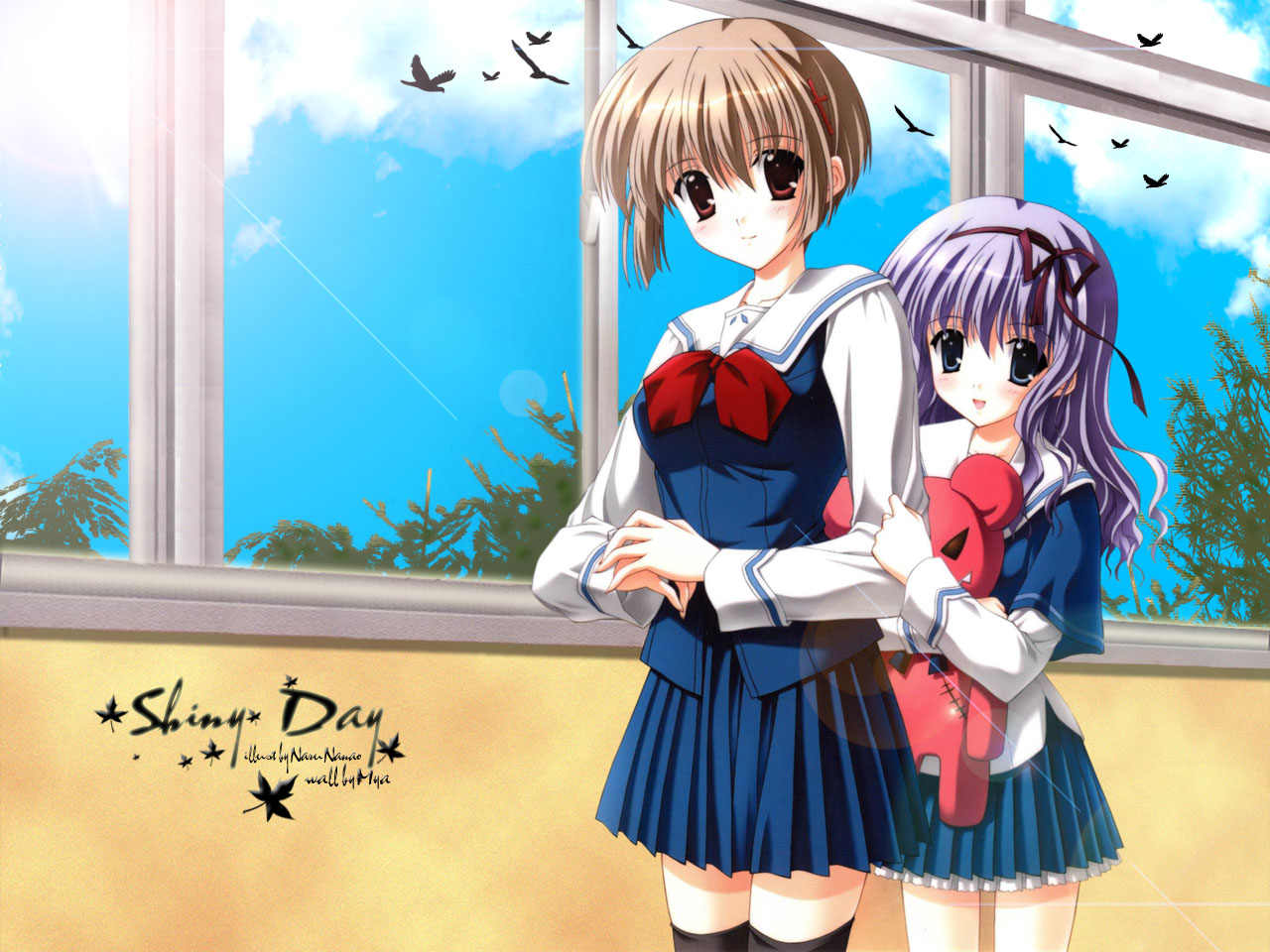 nanao naru, non-web source, blue eyes, brown eyes, brown hair, doll, long hair, purple hair, school uniform, short hair, thighhighs