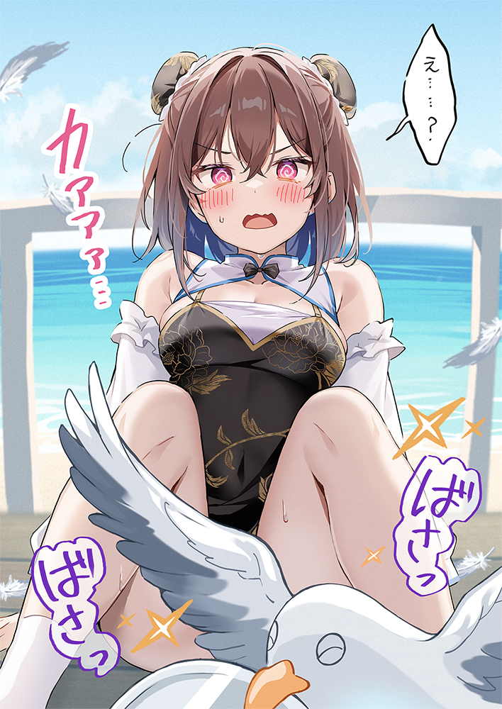 sirokuma shake, hawawa-chan's sister (sirokuma shake), original, 1girl, @ @, bare shoulders, bird, black dress, blue sky, blush, breasts, brown hair, bun cover, china dress, chinese clothes, convenient censoring, detached sleeves, double bun, dress, hair between eyes, hair bun, medium breasts, ocean, open mouth, outdoors, red eyes, seagull, sky, sweatdrop, tray, water, white sleeves, wings