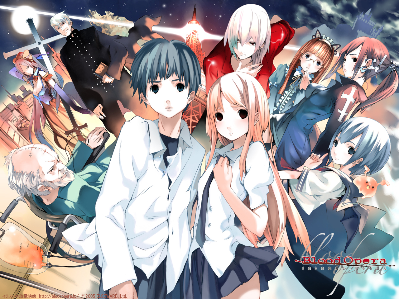 houden eizou, blood opera, 4boys, 6+girls, blonde hair, blue eyes, blue hair, brown eyes, brown hair, couple, everyone, glasses, hetero, multiple boys, multiple girls, school uniform, white hair