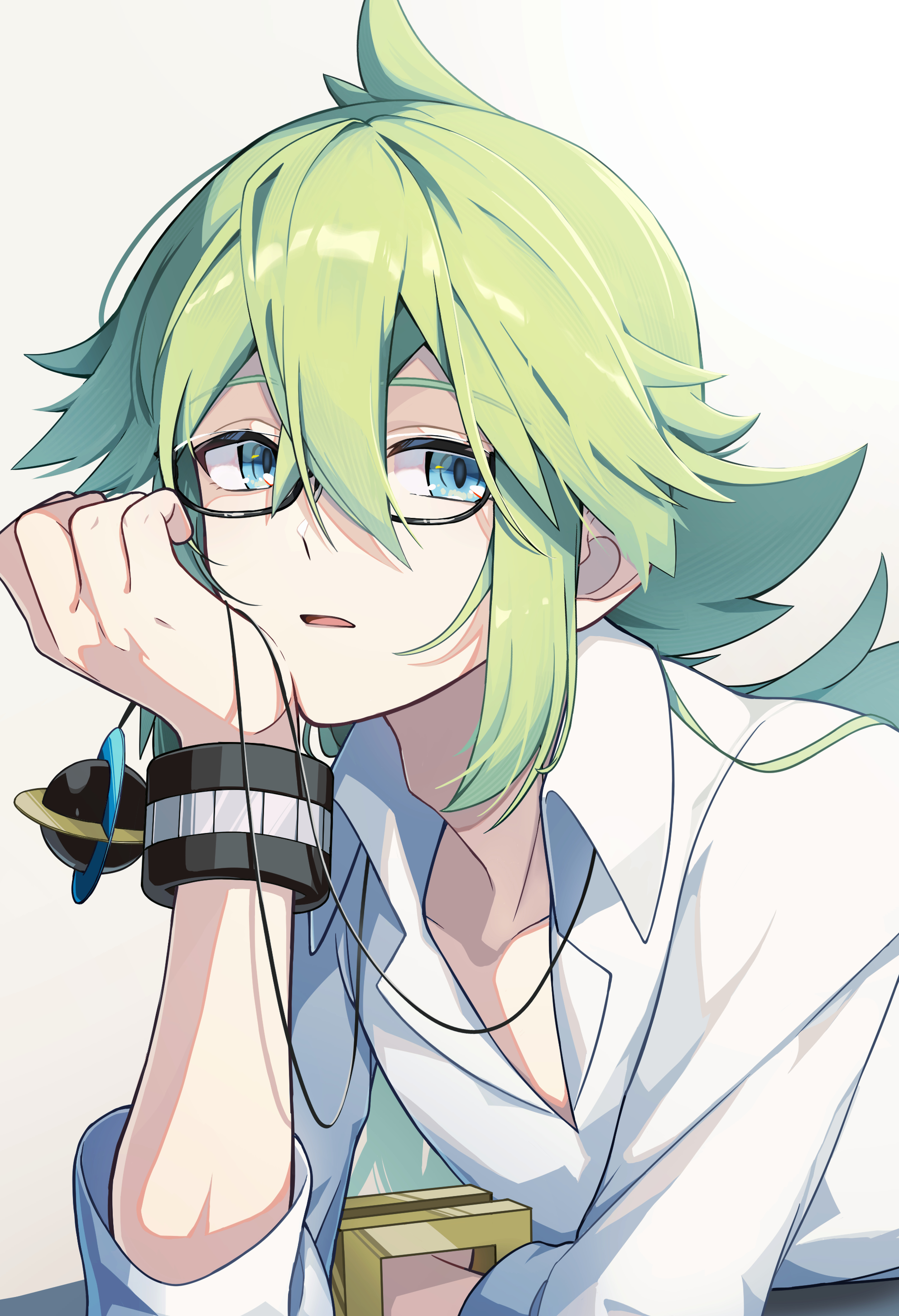 n (pokemon), nintendo, pokemon, pokemon bw, absurdres, commentary request, highres, 1boy, black-framed eyewear, blue eyes, collared shirt, glasses, green hair, hair between eyes, jewelry, kotsubu nnszk, long hair, male focus, necklace, semi-rimless eyewear, shirt, simple background, solo, white background, white shirt