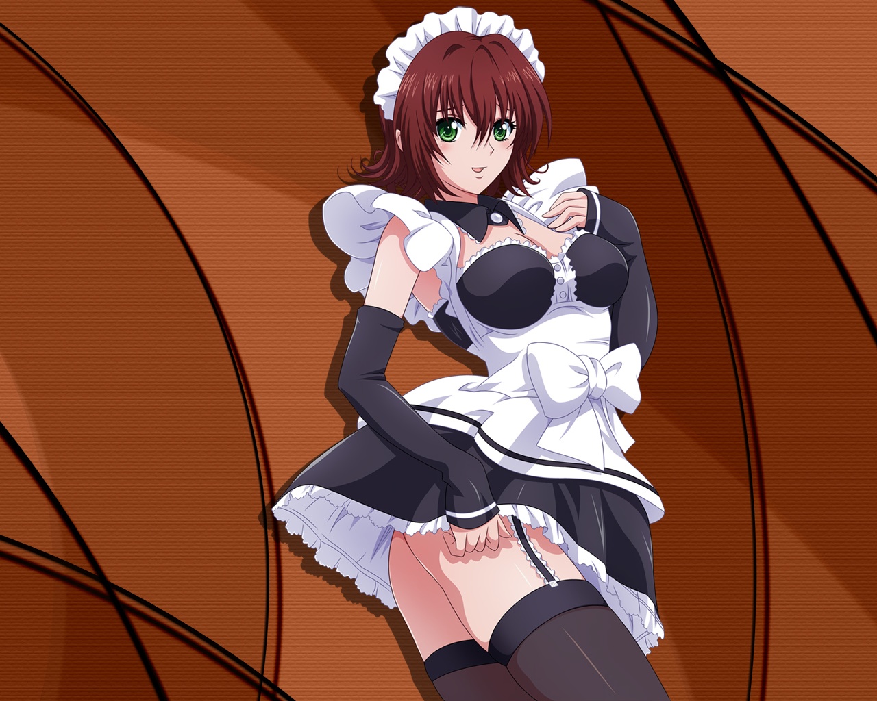 mikado ryouko, to love-ru, non-web source, 00s, 1girl, ass, black thighhighs, blush, bottomless, breasts, brown hair, cleavage, detached sleeves, elbow gloves, female focus, frills, garter straps, gloves, green eyes, large breasts, looking at viewer, looking back, maid, maid headdress, mature female, no panties, red hair, short hair, smile, solo, standing, thighhighs, thighs