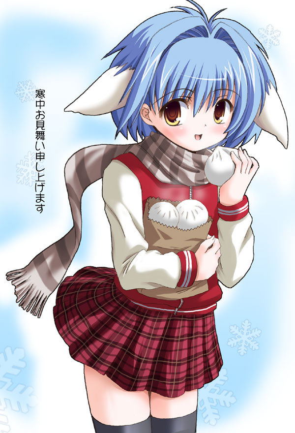 shinshin, mint blancmanche, galaxy angel, translation request, 00s, 1girl, animal ears, bag, blue hair, blush, female focus, food, looking at viewer, miniskirt, paper bag, plaid clothes, plaid skirt, pleated skirt, scarf, short hair, skirt, smile, snowflakes, solo, steamed bun, thighhighs, winter clothes, yellow eyes, zettai ryouiki