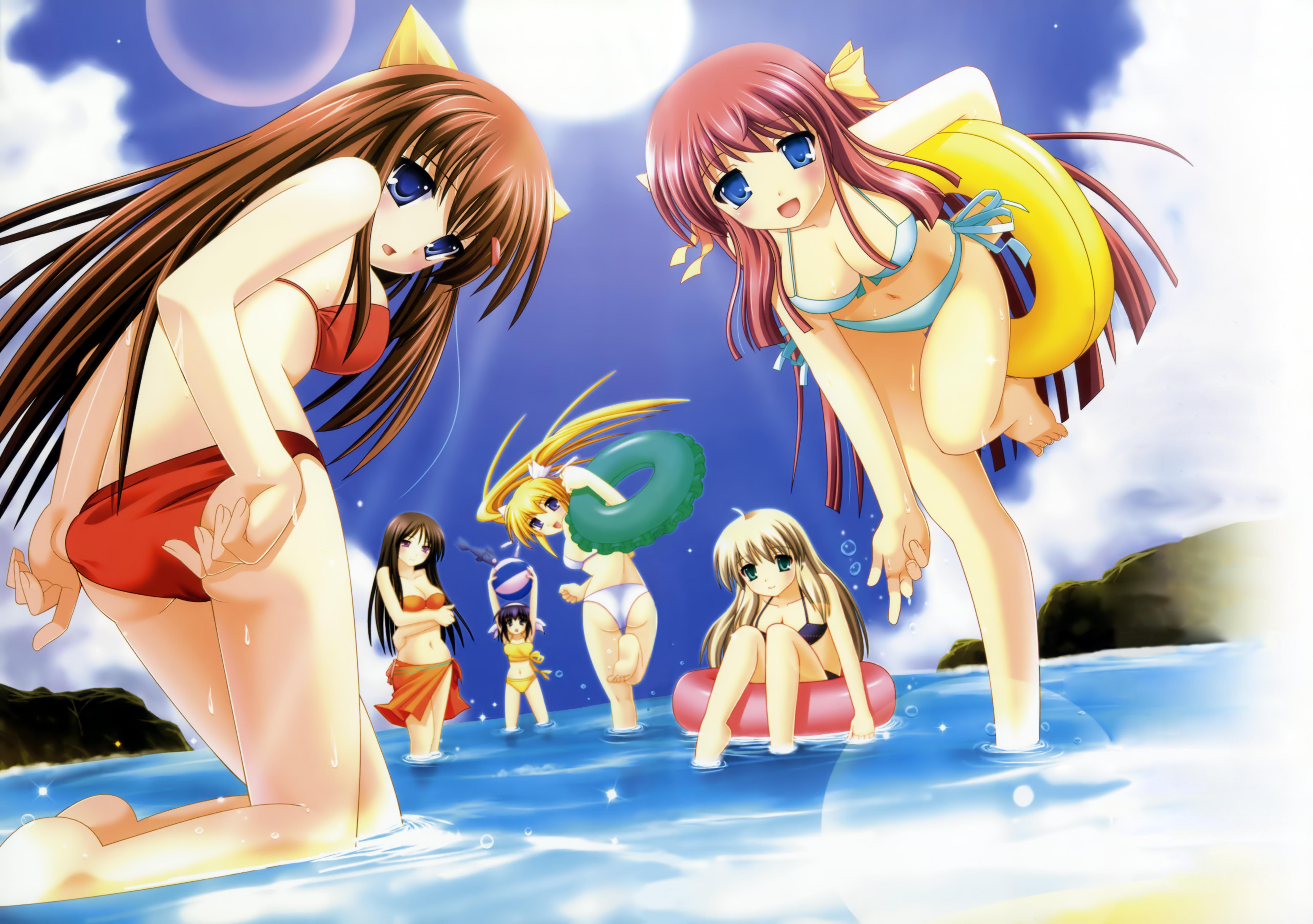 inuzumi masaki, himenomiya miharu, hoshino miyako, misaki haruna, mochida nao, shimakura hazuki, tooyama izumi, step x steady, absurdres, highres, 6+girls, adjusting clothes, adjusting swimsuit, ass, ball, barefoot, beach, beachball, bikini, blonde hair, blue eyes, blue hair, brown hair, day, feet, female focus, green eyes, innertube, kneeling, lens flare, long hair, multiple girls, ocean, outdoors, partially submerged, pink hair, purple eyes, sarong, standing, standing on one leg, sunlight, swim ring, swimsuit, twintails, wading, water
