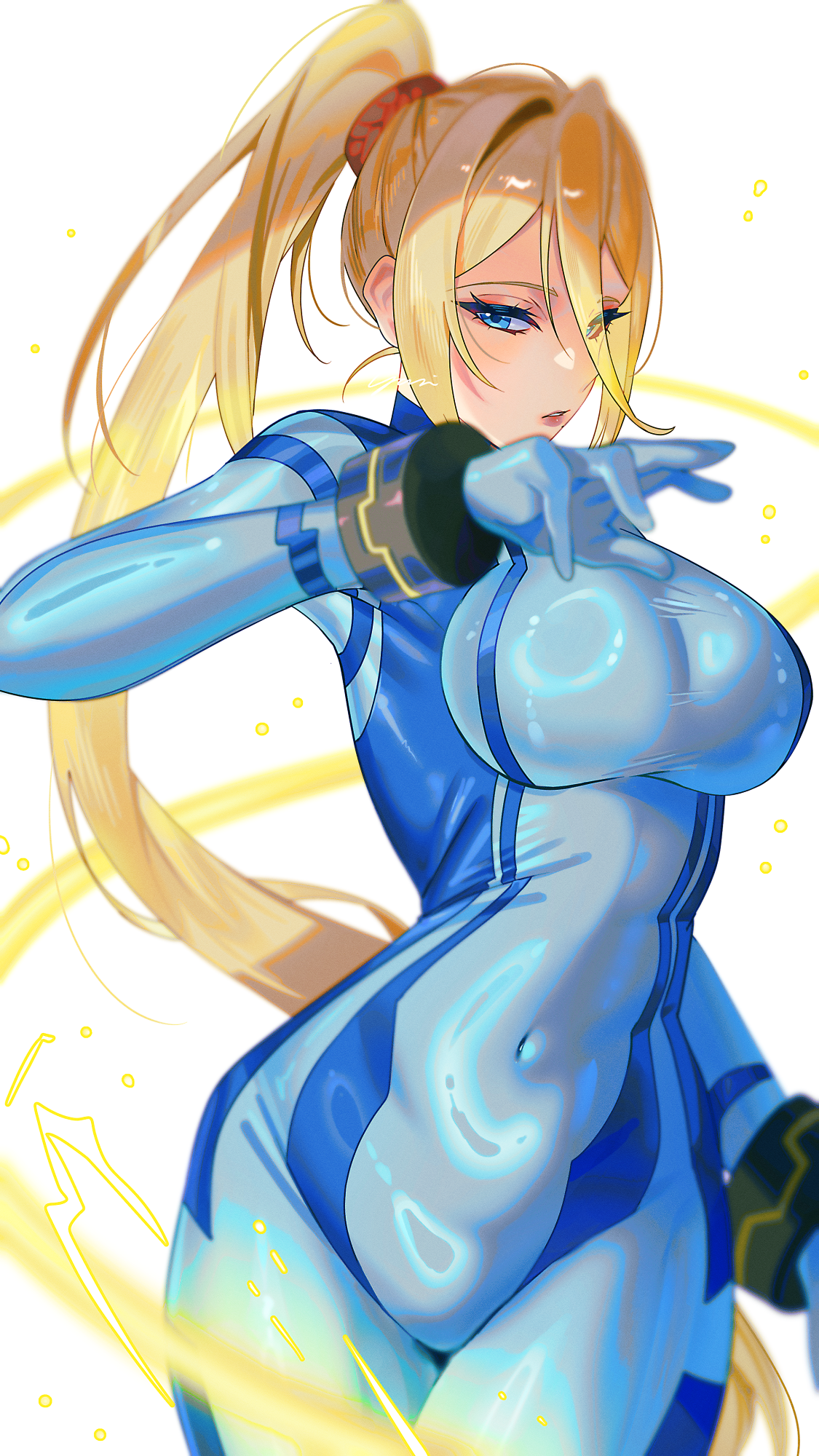 yasaikakiage, samus aran, metroid, nintendo, highres, 1girl, blonde hair, blue bodysuit, blue eyes, bodysuit, breasts, covered navel, cowboy shot, high ponytail, large breasts, long hair, looking at viewer, mole, mole under mouth, one eye closed, parted lips, ponytail, simple background, skin tight, solo, very long hair, white background, zero suit