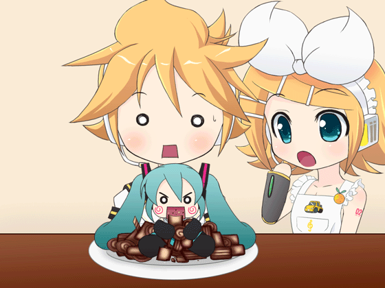 mameshiba (pixiv 59310), hachune miku, hatsune miku, kagamine len, kagamine rin, kaito (vocaloid), vocaloid, animated, animated gif, 1boy, 2girls, :o, apron, aqua hair, blonde hair, blue eyes, blush, blush stickers, cameo, chibi, chocolate, detached sleeves, eating, food, fruit, long sleeves, multiple girls, naked apron, o o, open mouth, orange (fruit), prehensile hair, steamroller, tattoo, twintails