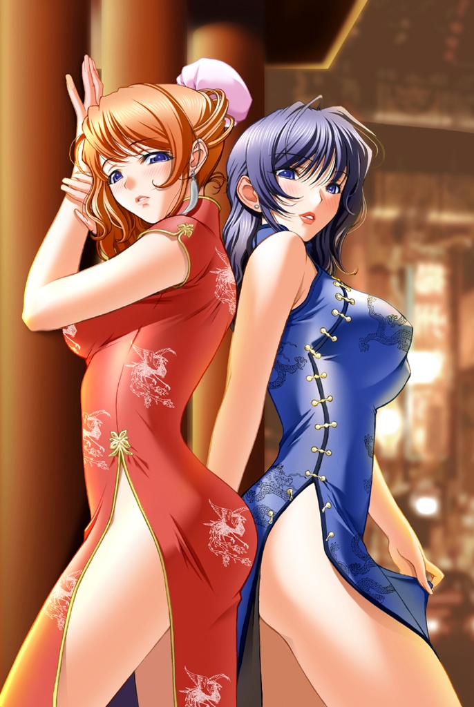 2girls, ass, blue eyes, blue hair, blush, breasts, china dress, chinese clothes, dress, earrings, female focus, jewelry, large breasts, looking at viewer, multiple girls, no panties, stud earrings