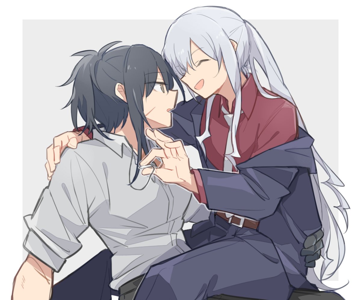xinhao, ak-12 (girls' frontline), ak-12 (lucia) (girls' frontline), angelia (girls' frontline), girls' frontline, 2girls, black hair, closed eyes, dog tags, formal clothes, hug, long hair, medium hair, multiple girls, no jacket, official alternate costume, scar, scar on face, suit, white hair, yuri