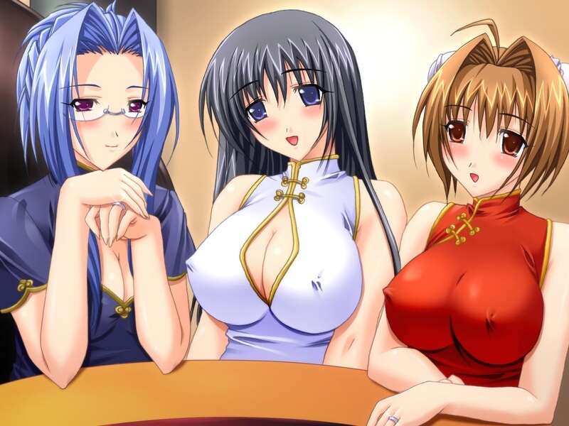 tagme, 3girls, black hair, blue eyes, blue hair, blush, breasts, brown hair, china dress, chinese clothes, covered erect nipples, dress, female focus, glasses, multiple girls