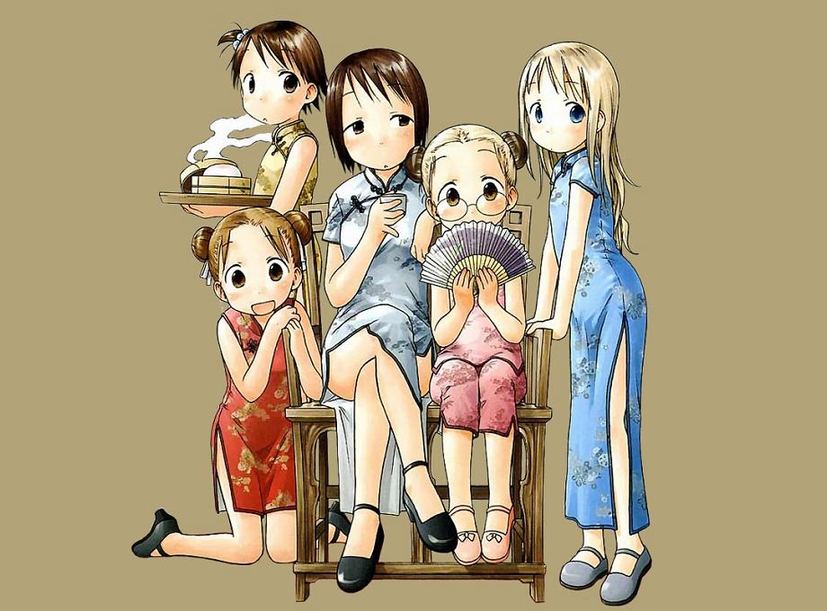 ana coppola, itou chika, itou nobue, matsuoka miu, sakuragi matsuri, ichigo mashimaro, tagme, 5girls, blonde hair, blue eyes, breasts, brown eyes, brown hair, chair, child, china dress, chinese clothes, double bun, dress, flat chest, glasses, hair bun, long hair, multiple girls, short hair, small breasts